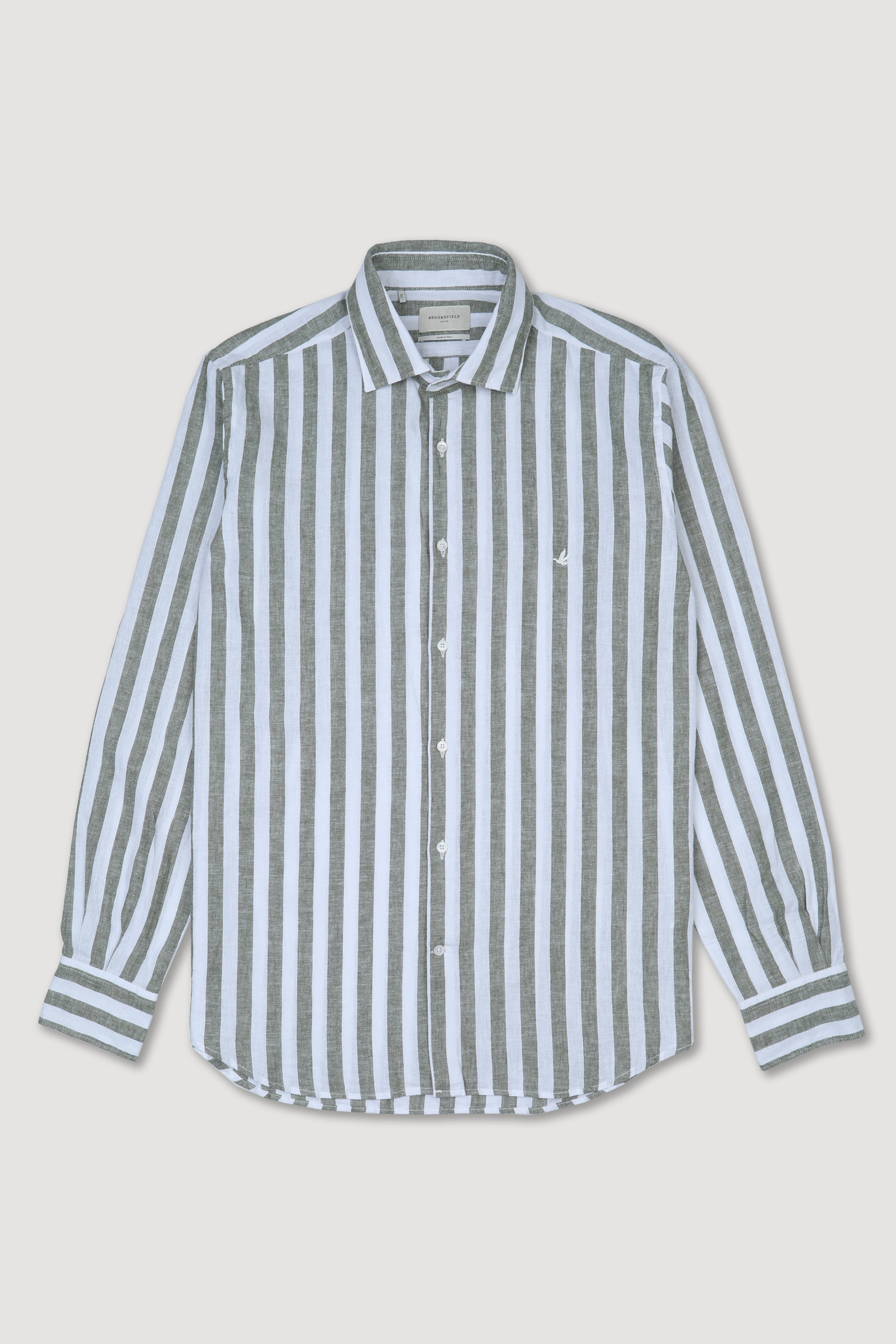 Camicia spread collar in lino misto cotone rigato, slim fit. Logo ricamato al cuore. Verde - Militare/Latte
