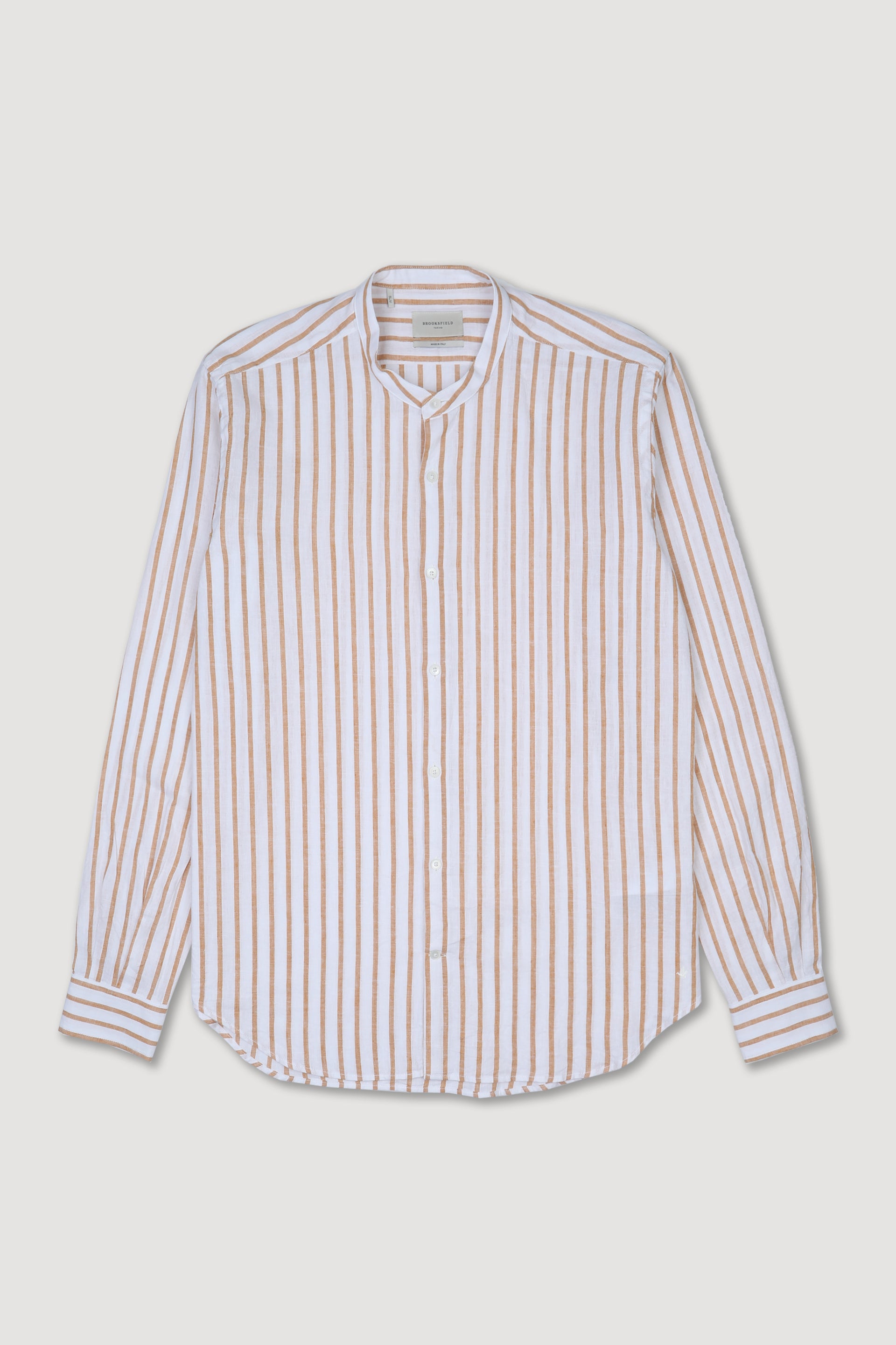 Camicia slim fit in misto lino rigato con collo alla coreana. Giallo - Latte/Ottone
