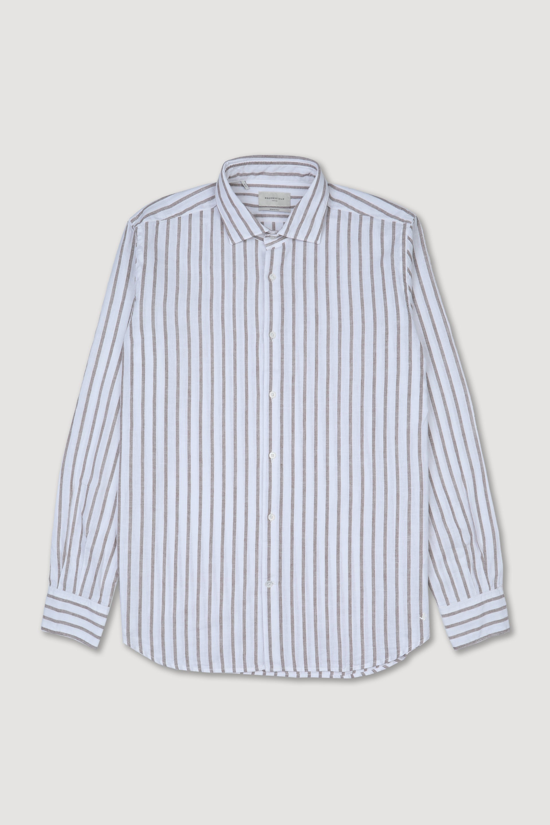 Camicia spread collar in cotone misto lino rigato, slim fit. Blu - Latte/Marrone