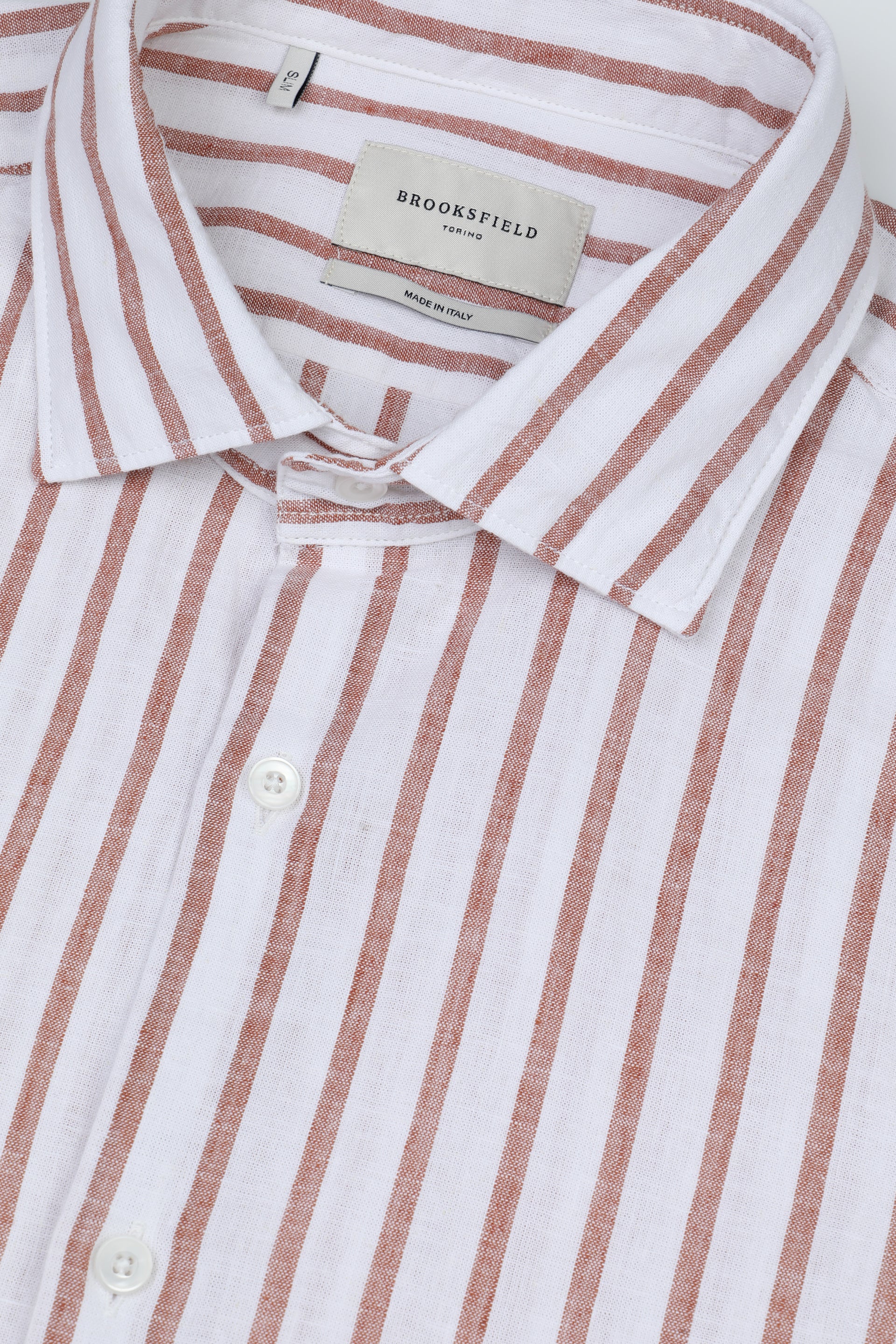 Camicia spread collar in cotone misto lino rigato, slim fit. Arancione - Latte/Fox
