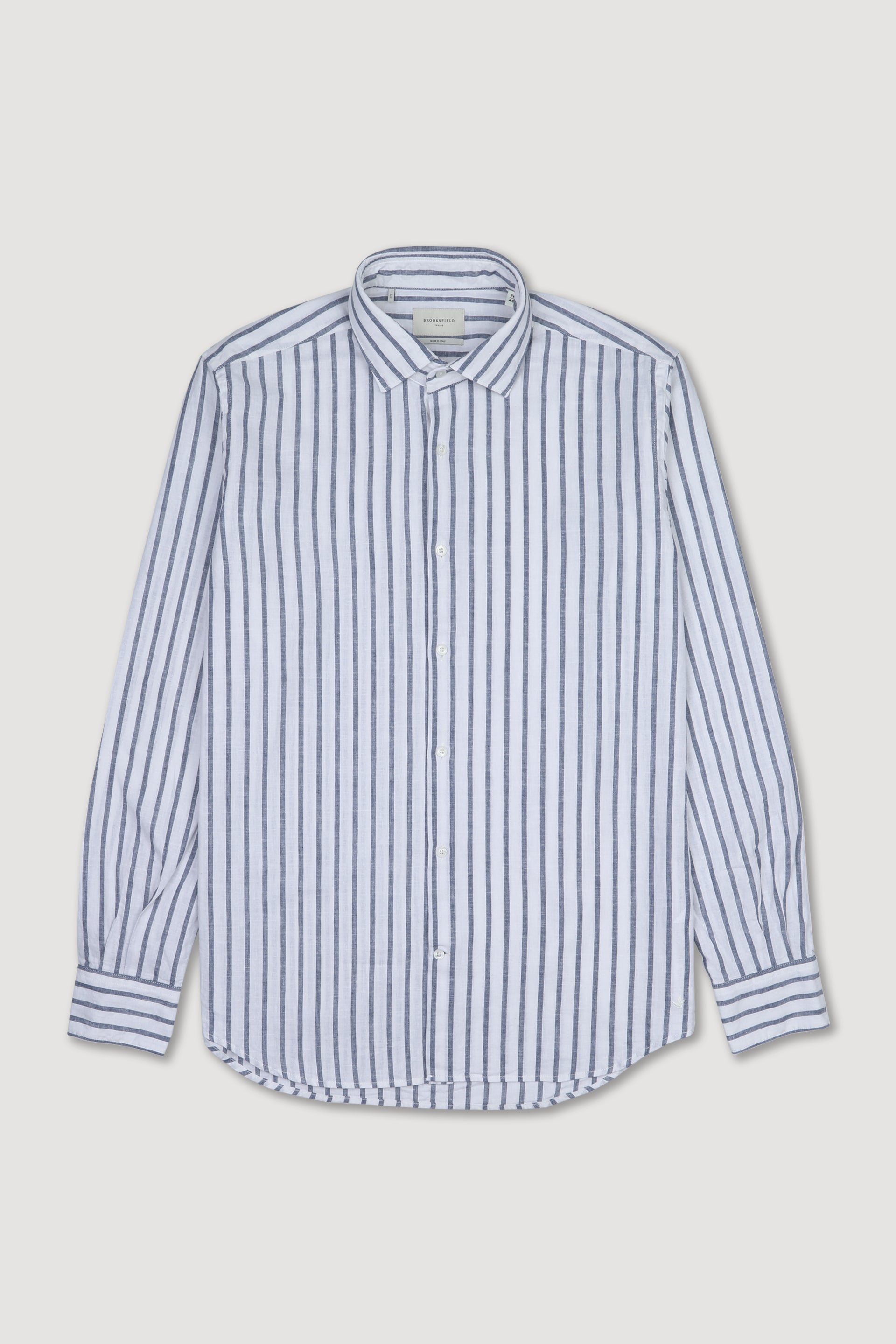 Camicia spread collar in cotone misto lino rigato, slim fit. Blu - Latte/Blu