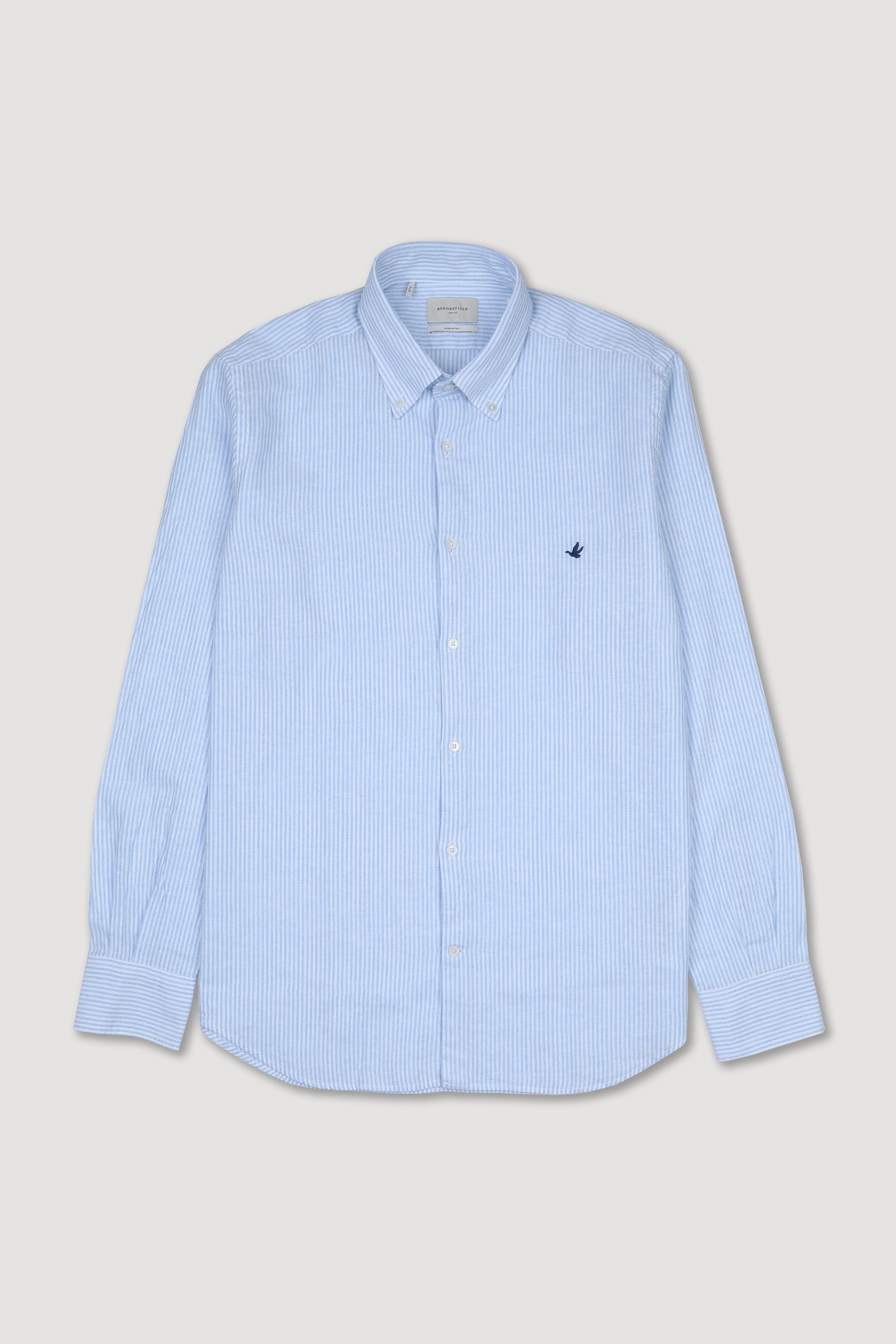 UOMO-CAMICIA (SLIM FIT) M/L BUTTON DOWN COLLAR LAVATA TESSUTO COTONE MISTO LINO FANTASIA RIGA VERTICALE - Bianco/azzurro