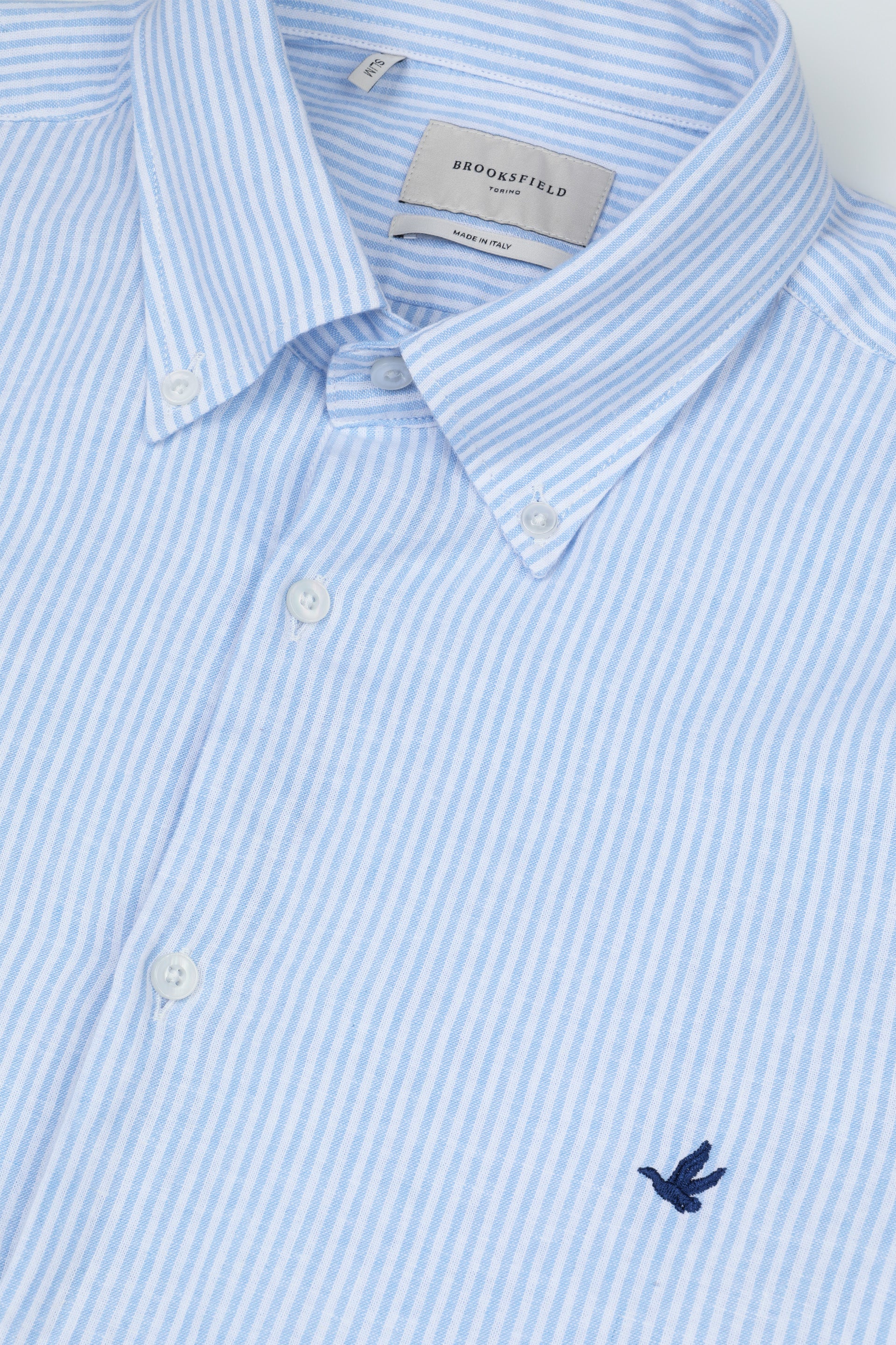 UOMO-CAMICIA (SLIM FIT) M/L BUTTON DOWN COLLAR LAVATA TESSUTO COTONE MISTO LINO FANTASIA RIGA VERTICALE - Bianco/azzurro