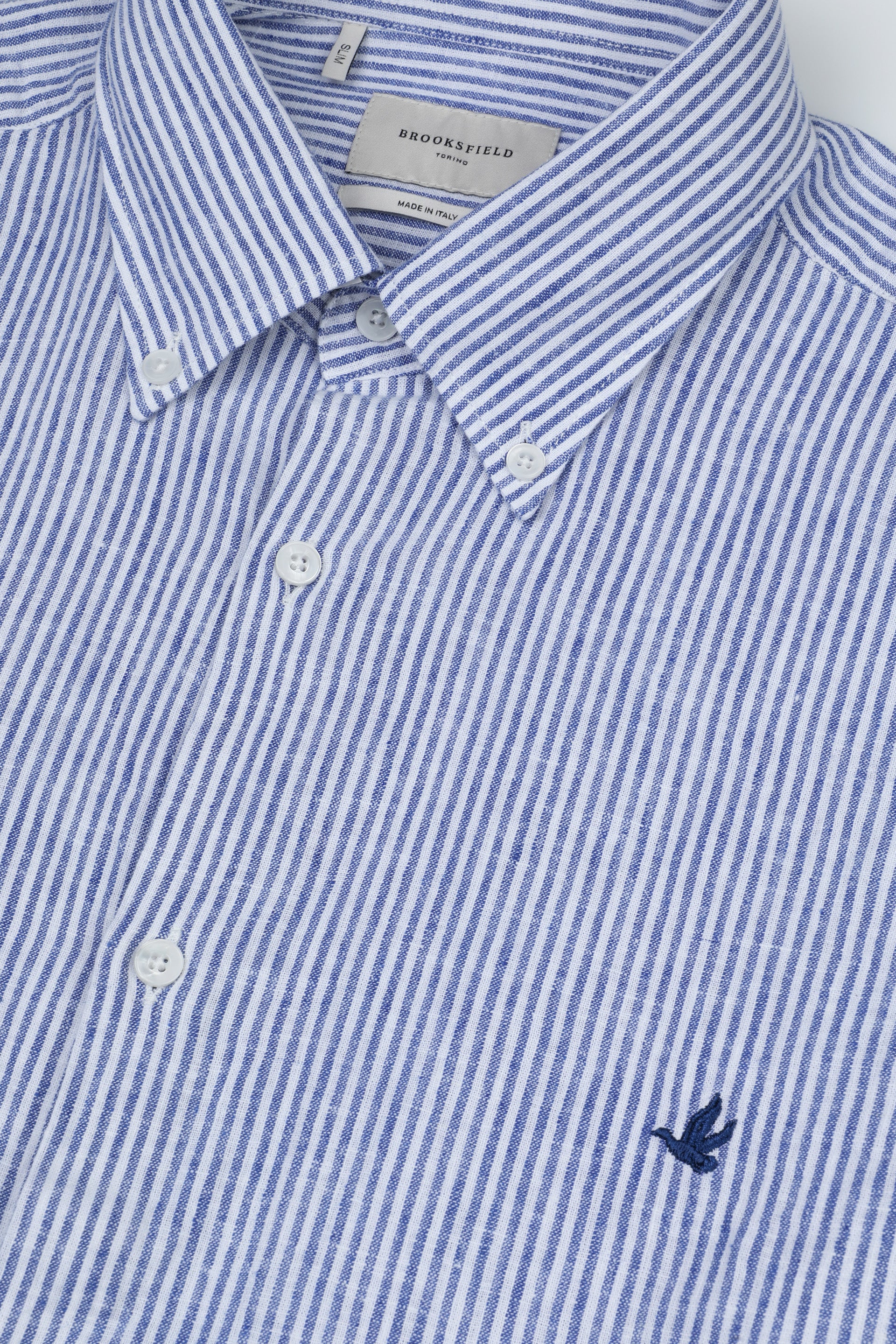 UOMO-CAMICIA (SLIM FIT) M/L BUTTON DOWN COLLAR LAVATA TESSUTO COTONE MISTO LINO FANTASIA RIGA VERTICALE - Bianco/marine