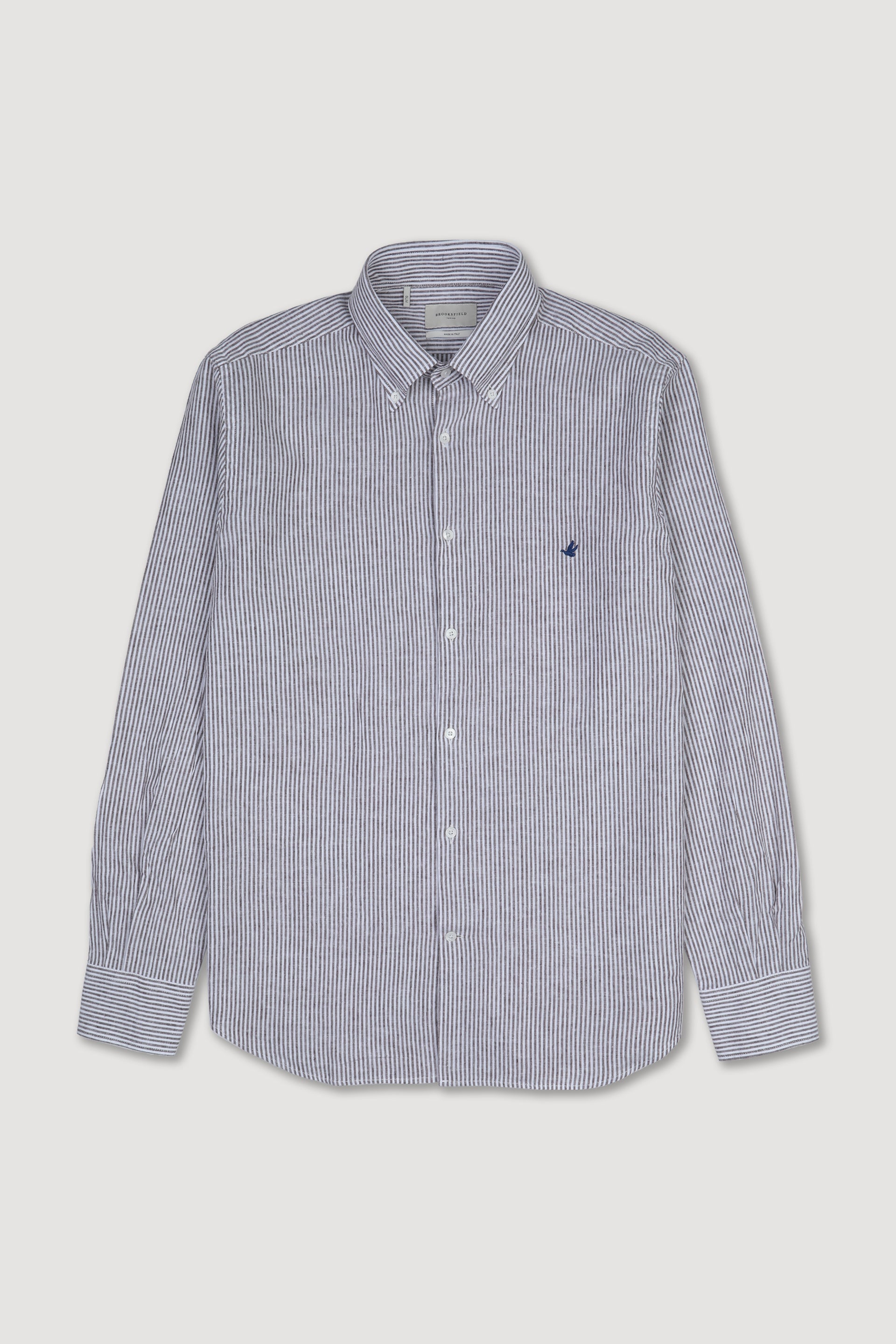 UOMO-CAMICIA (SLIM FIT) M/L BUTTON DOWN COLLAR LAVATA TESSUTO COTONE MISTO LINO FANTASIA RIGA VERTICALE - Bianco/cacao