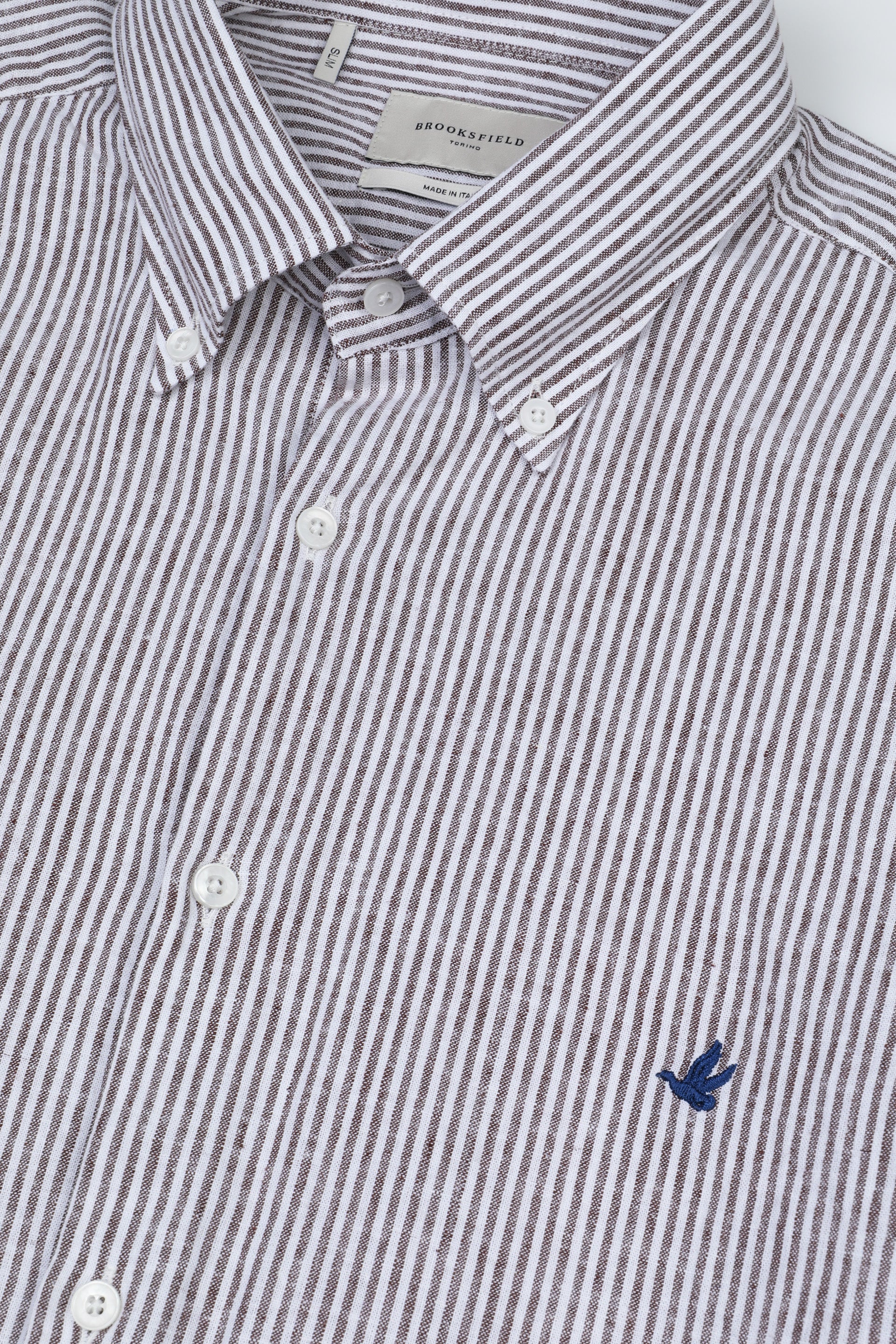 UOMO-CAMICIA (SLIM FIT) M/L BUTTON DOWN COLLAR LAVATA TESSUTO COTONE MISTO LINO FANTASIA RIGA VERTICALE - Bianco/cacao