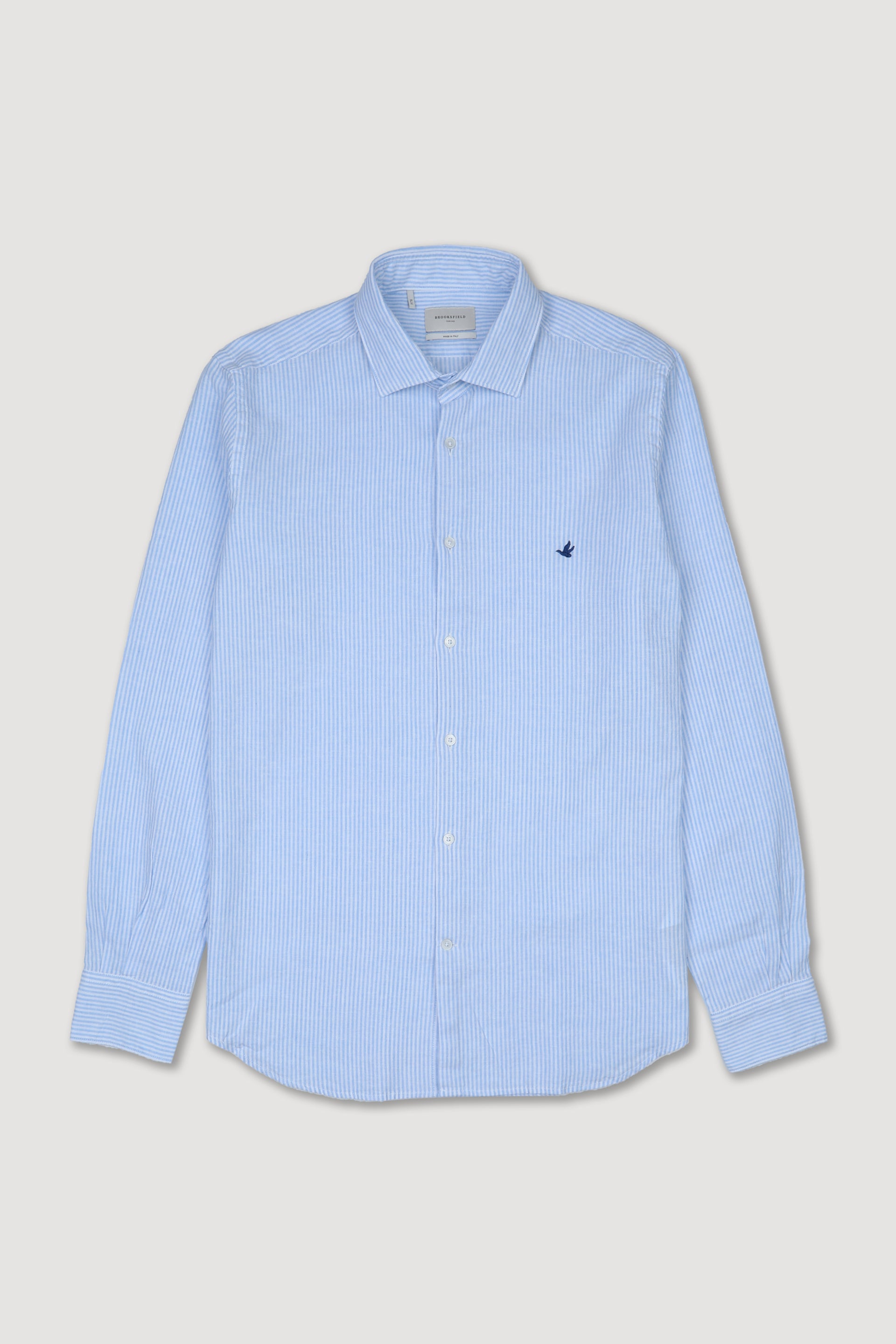 Camicia spread collar in lino misto cotone rigato, slim fit. Azzurro - Bianco/Azzurro