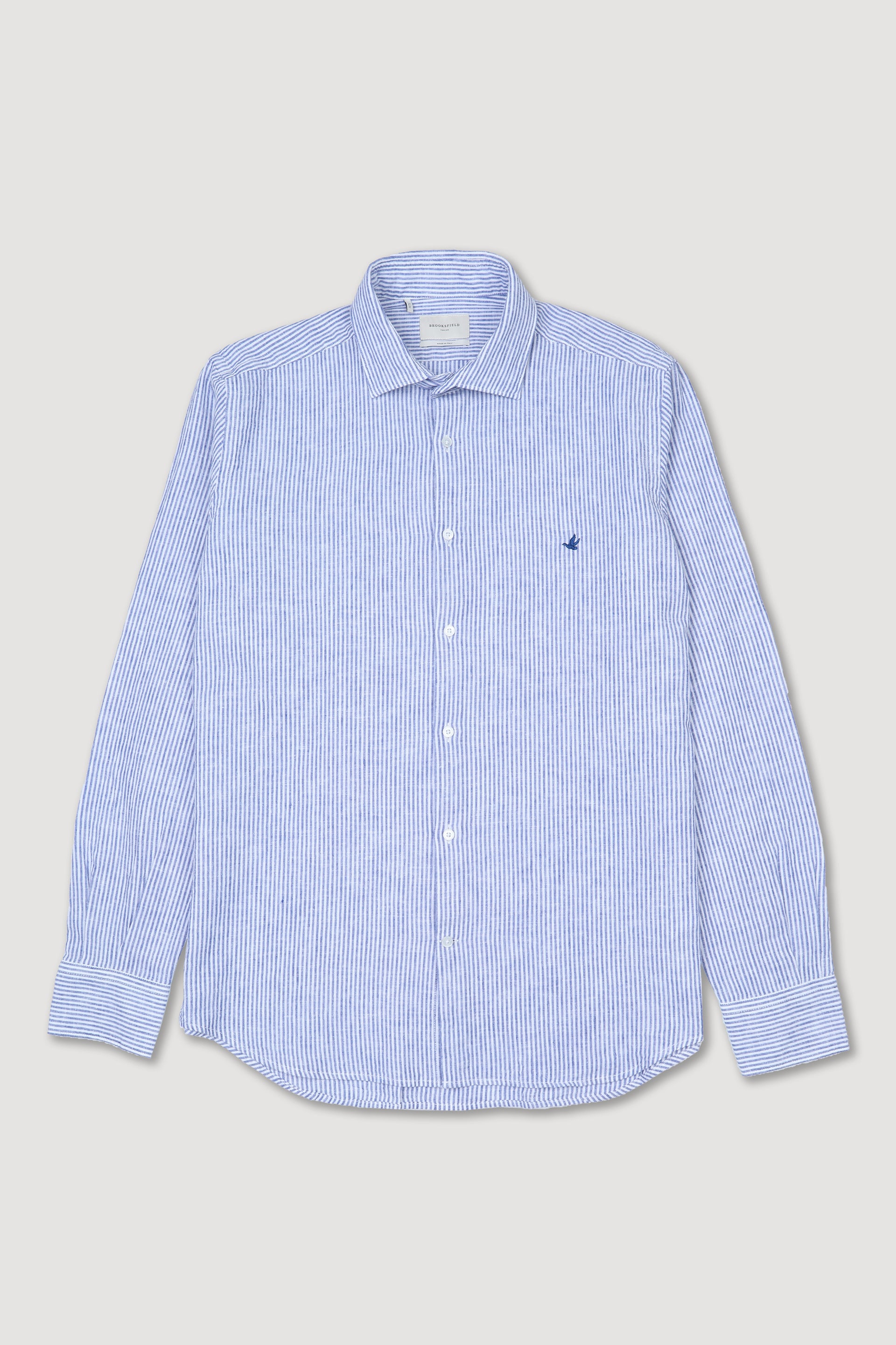 Camicia spread collar in lino misto cotone rigato, slim fit. Blu - Bianco/Marine