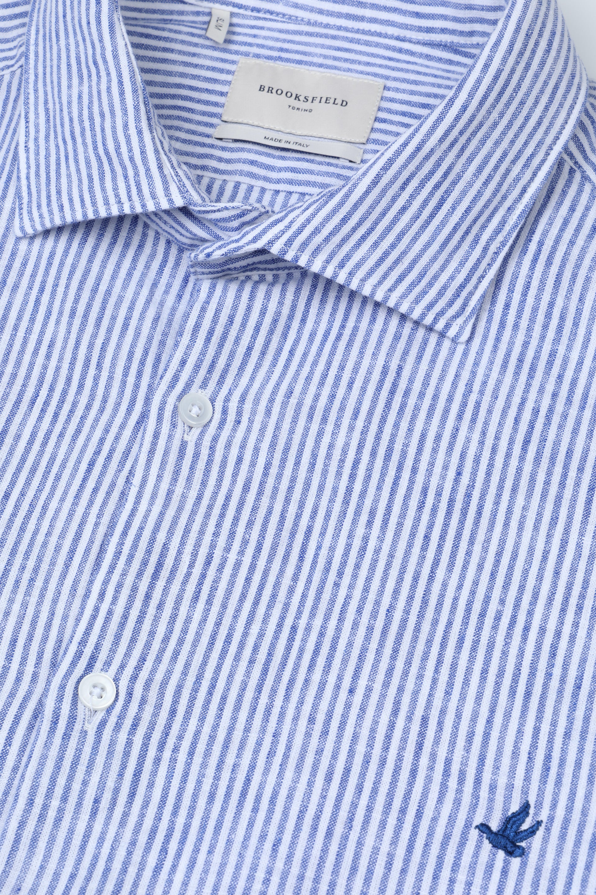 Camicia spread collar in lino misto cotone rigato, slim fit. Blu - Bianco/Marine