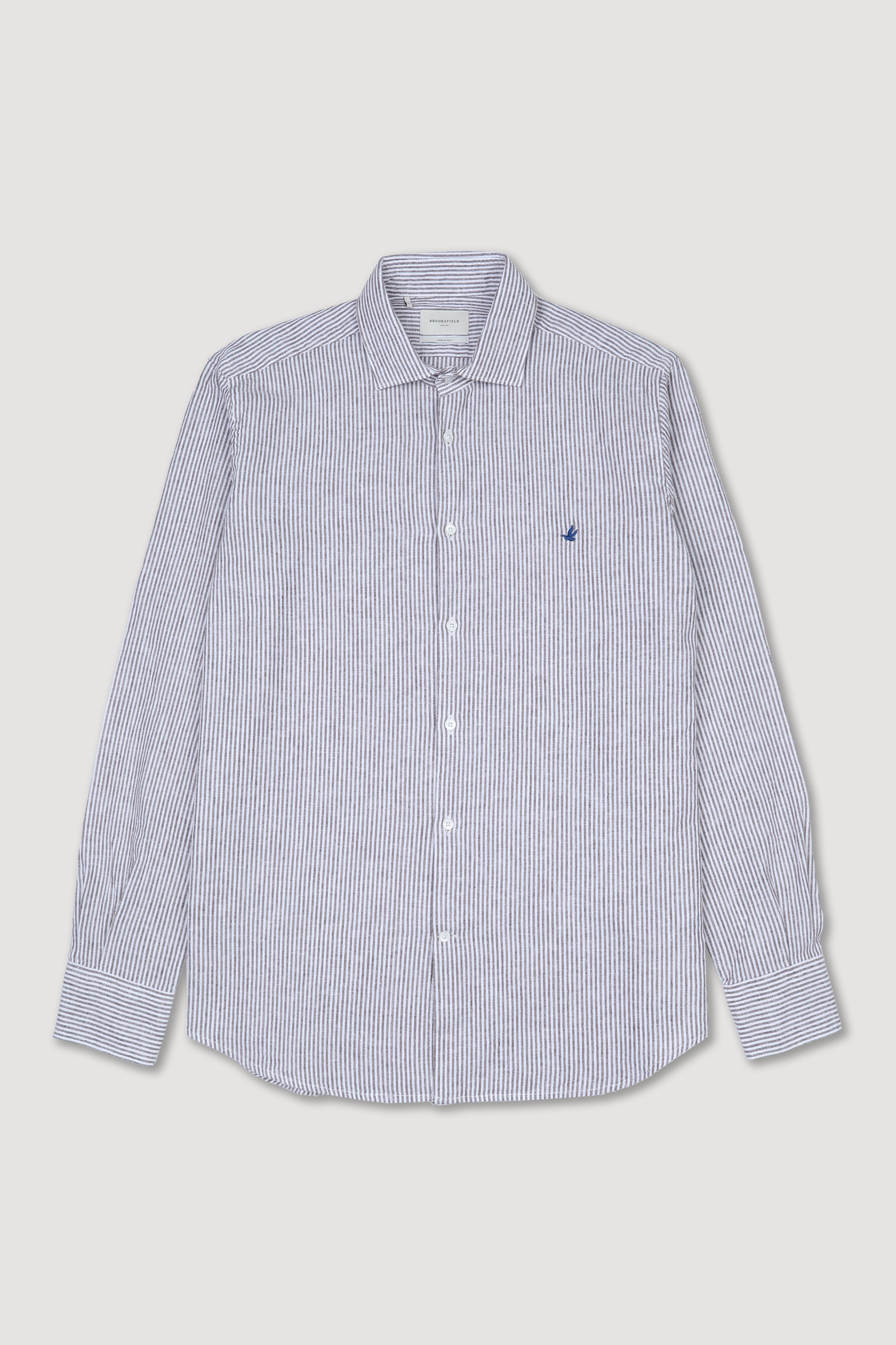 Camicia spread collar in lino misto cotone rigato, slim fit. Marrone - Bianco/cacao