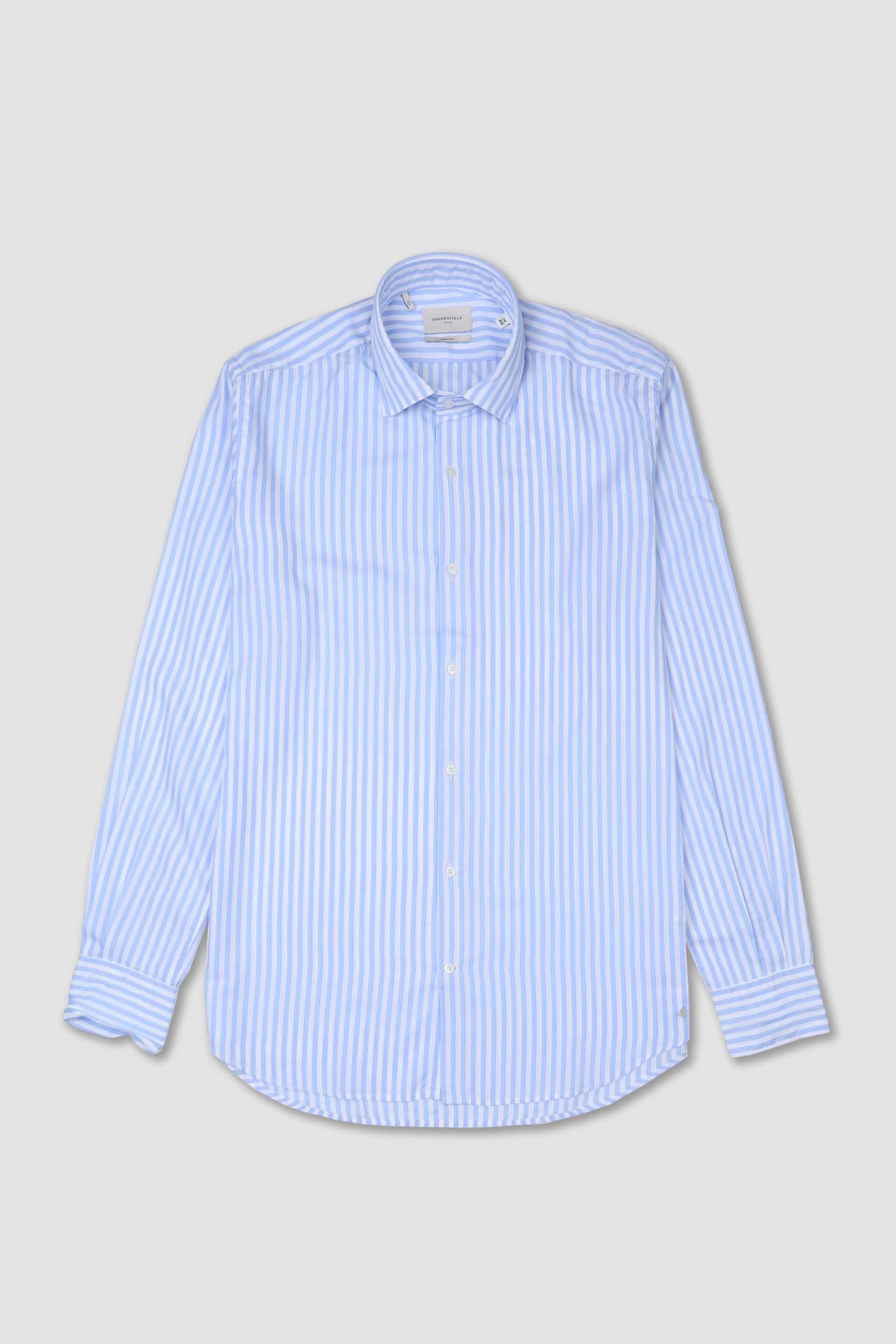 Camicia spread collar in popeline di lyocell, slim fit. - Bianco/Azzurro