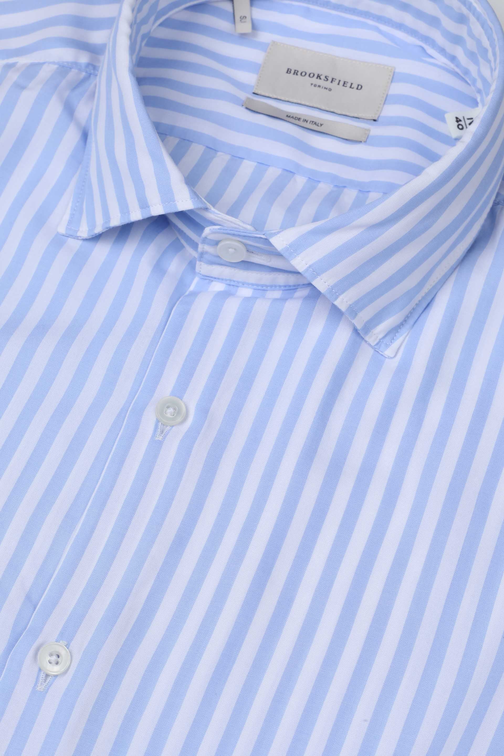 Camicia spread collar in popeline di lyocell, slim fit. - Bianco/Azzurro