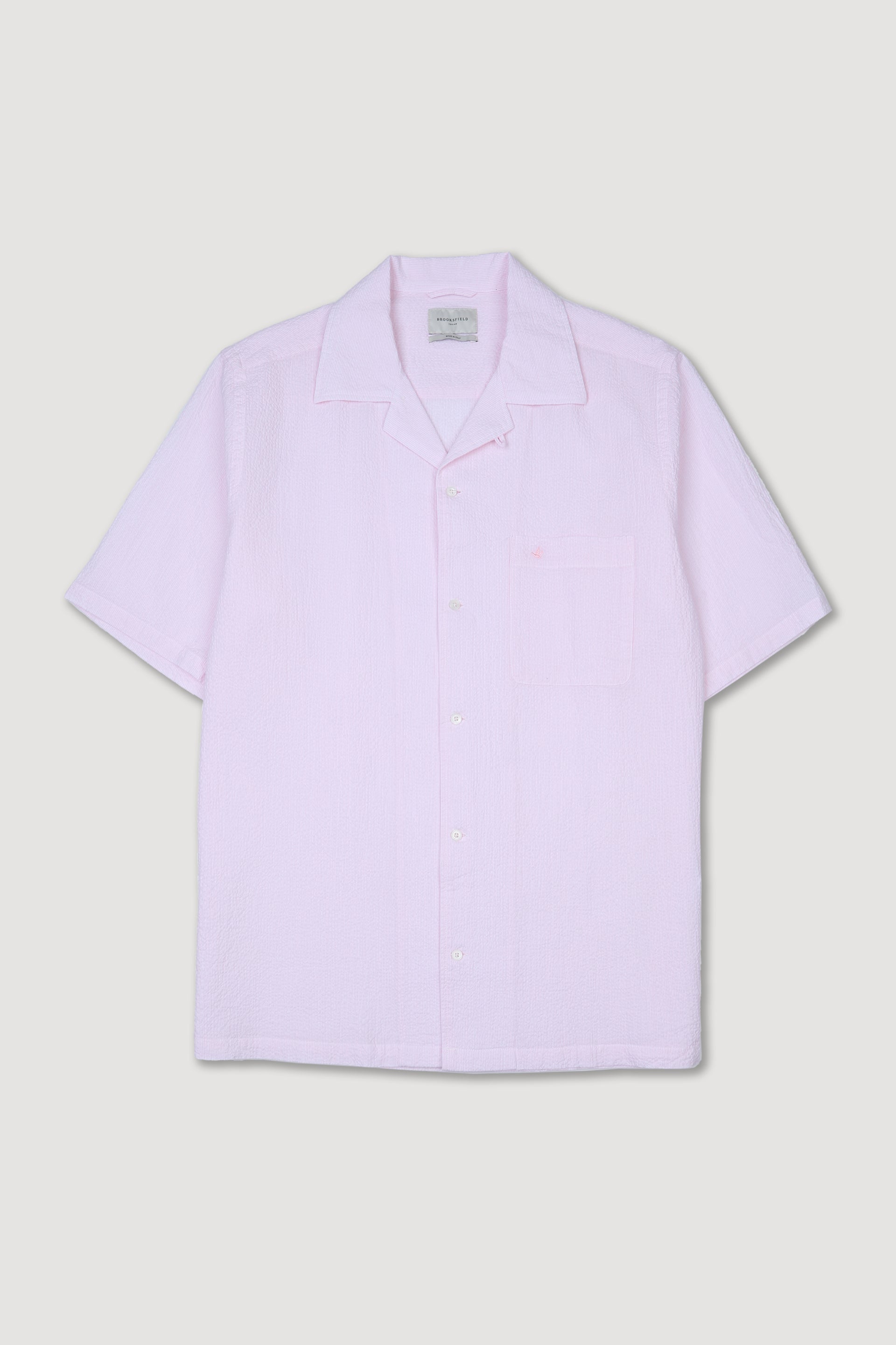 Camicia camp collar manica corta in seersucker stretch di cotone rigato - Bianco/Rosa