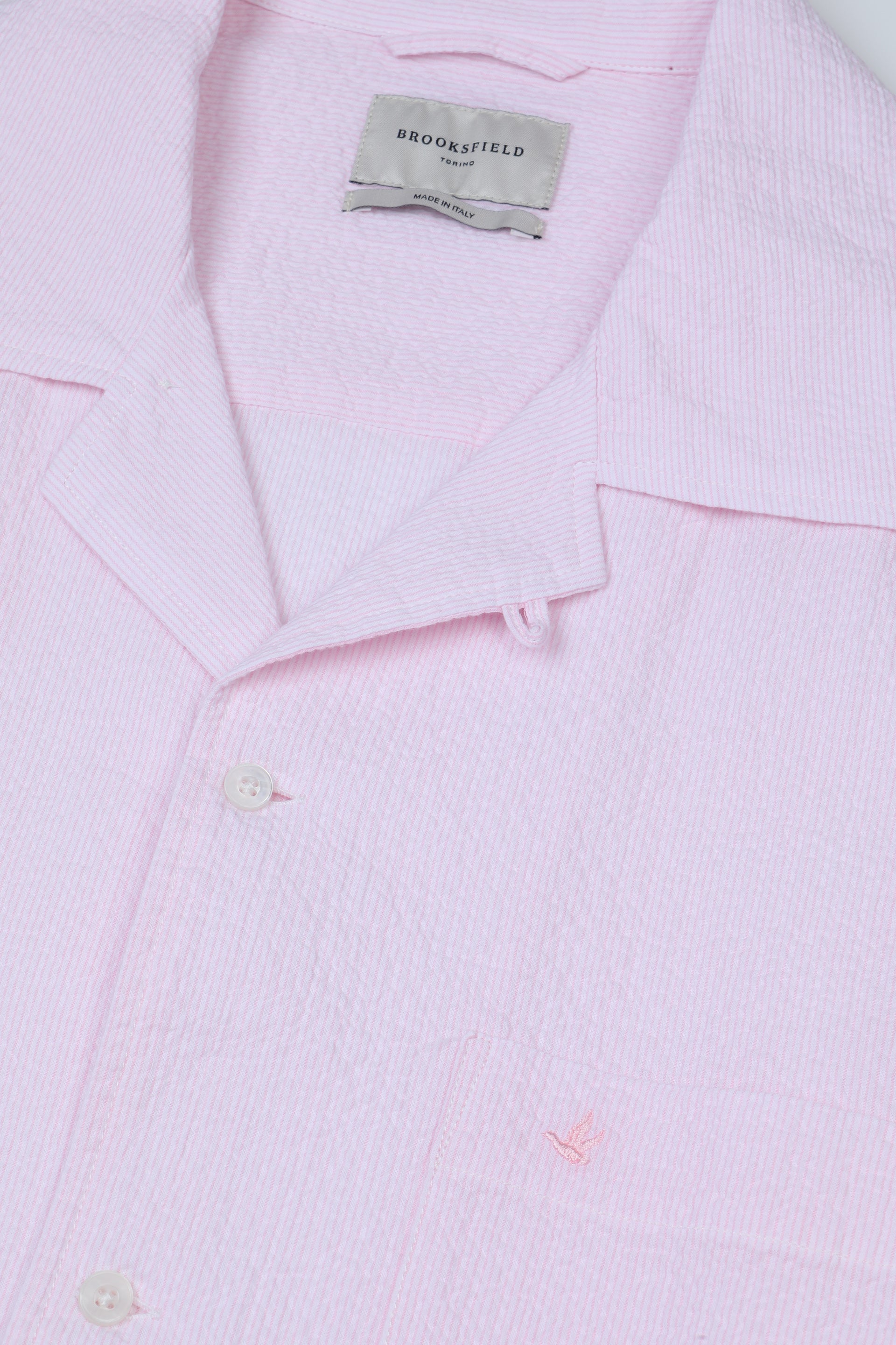 Camicia camp collar manica corta in seersucker stretch di cotone rigato - Bianco/Rosa