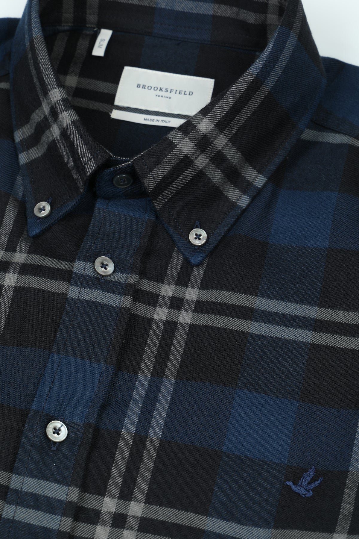 Camicia Club button down regular fit in flanella di cotone fantasia cheack Logo ricamato al cuore. Blu - Dark blue/Light grey