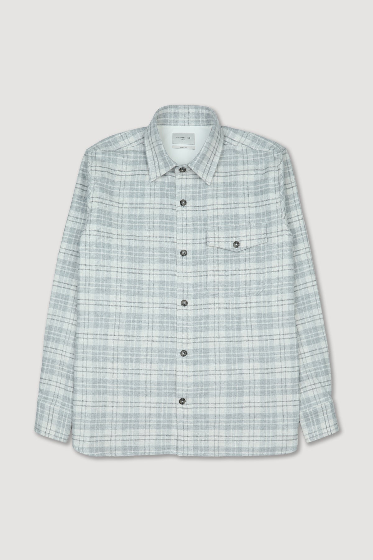 Camicia in flanella di cotone fantasia quadro con taschino, vestibilità over. Grigio - Grigrio melange/Perla