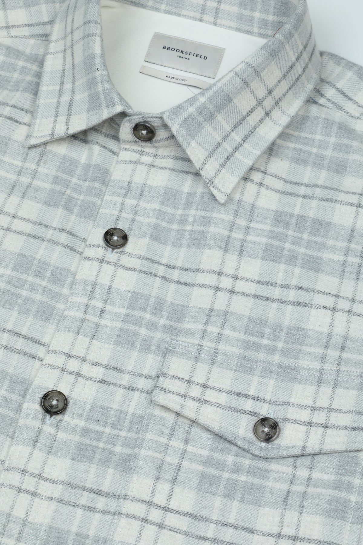 Camicia in flanella di cotone fantasia quadro con taschino, vestibilità over. Grigio - Grigrio melange/Perla