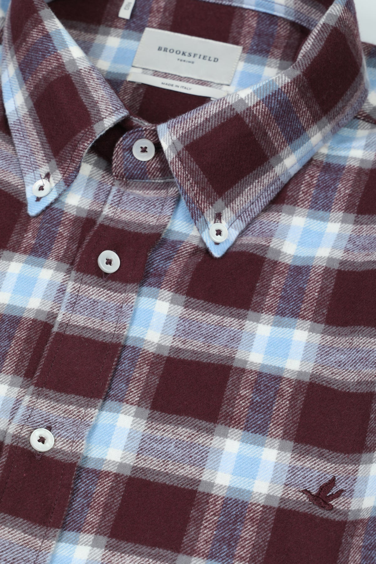 Camicia Club button down regular fit in flanella di cotone fantasia cheack Logo ricamato al cuore. Bordeaux - Prugna/Latte/Azzurro