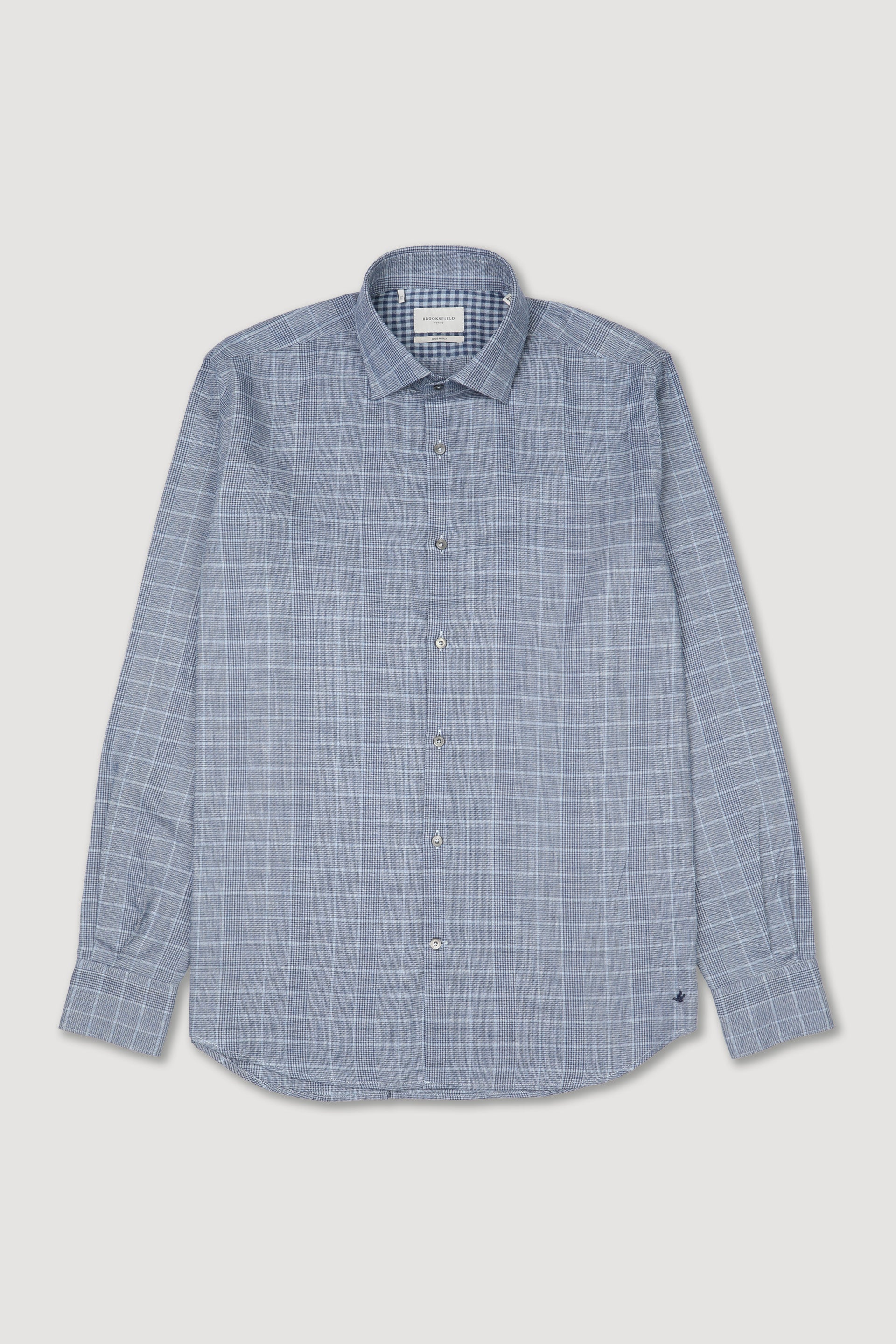 Camicia slim fit con collo spread realizzata in twill di misto cotone fantasia Principe di Galles. Blu - Avio/Azzurro