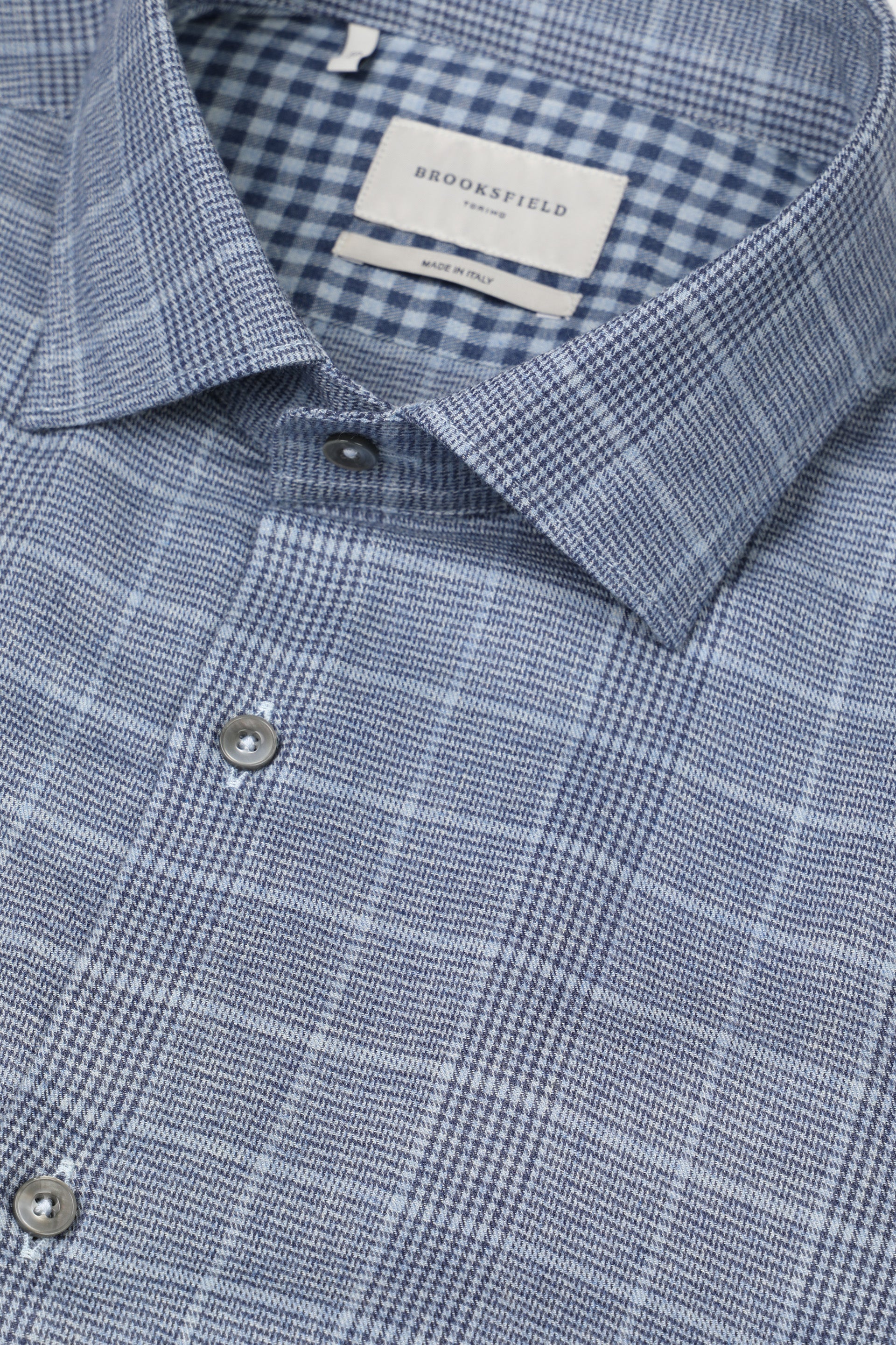 Camicia slim fit con collo spread realizzata in twill di misto cotone fantasia Principe di Galles. Blu - Avio/Azzurro