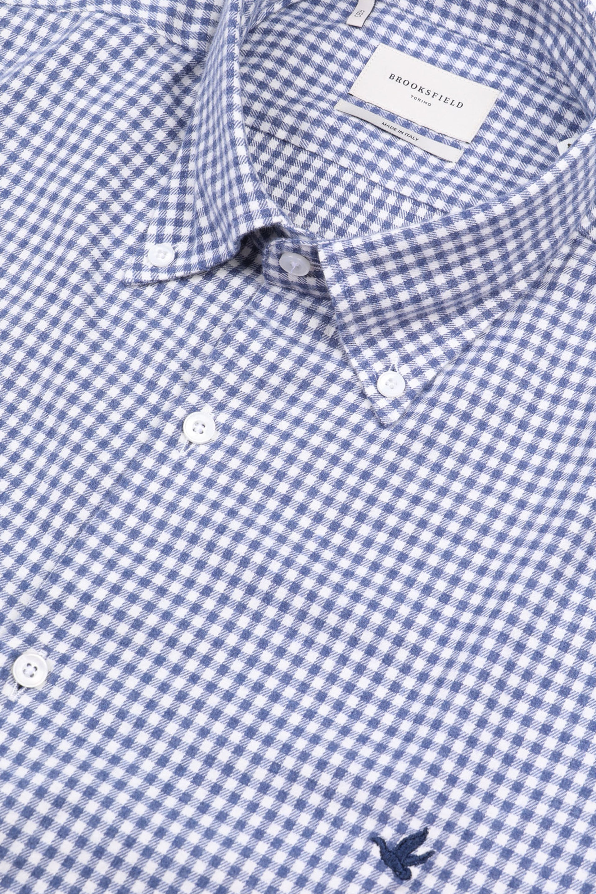 Camicia button down regular fit in twill di cotone smerigliato fantasia vichy. Logo ricamato al cuore. Blu - Latte/avio