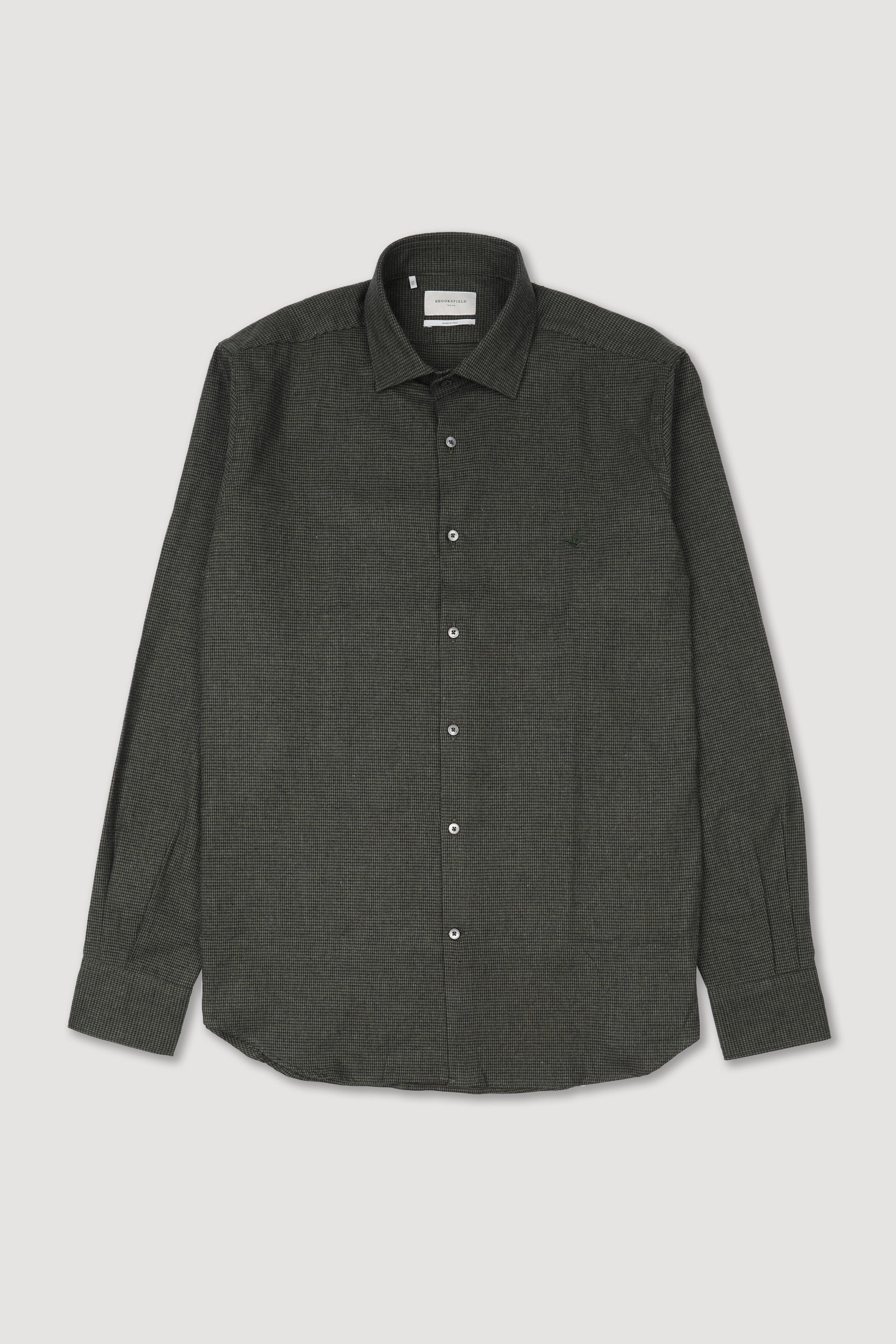 UOMO-CAMICIA (SLIM FIT) M/L SPREAD COLLAR CLASSICA TESSUTO DI COTONE SMERIGLIATO FANTASIA MINI PIED DE POULE - Verdone/militare