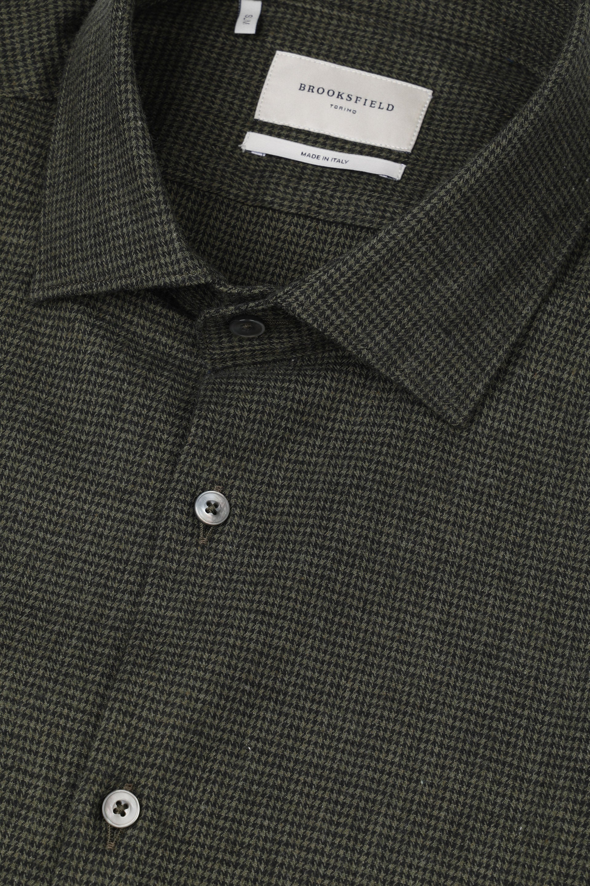 UOMO-CAMICIA (SLIM FIT) M/L SPREAD COLLAR CLASSICA TESSUTO DI COTONE SMERIGLIATO FANTASIA MINI PIED DE POULE - Verdone/militare