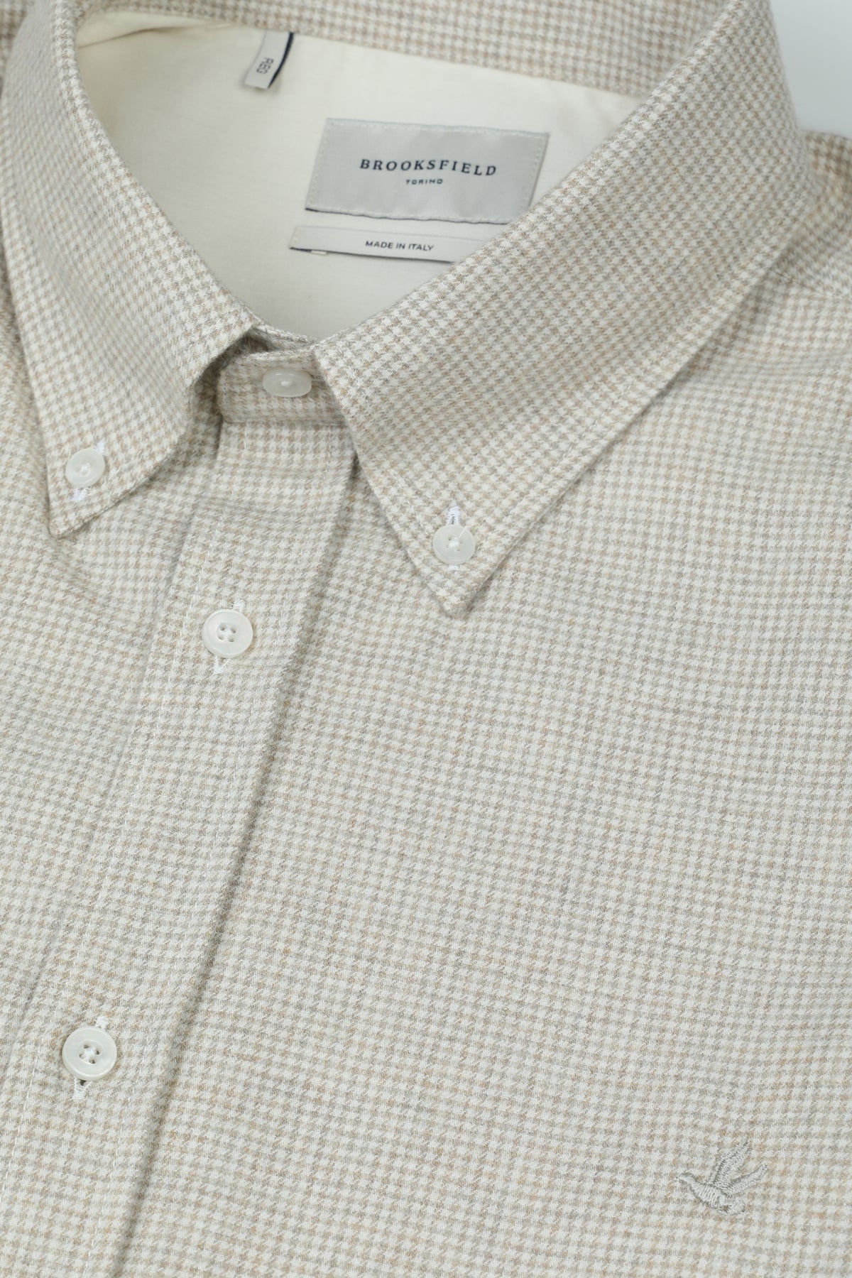 Camicia Club button down regular fit in twill di cotone smerigliato, fantasia pied-de-poule. Logo al cuore. Beige - Beige/Latte