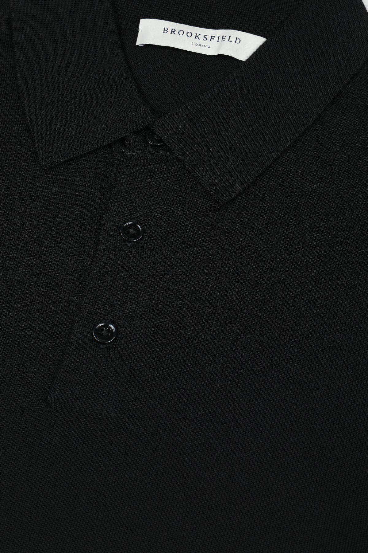 Polo in maglia con manica lunga in lana vergine misto seta e cashmere. Nero - Black