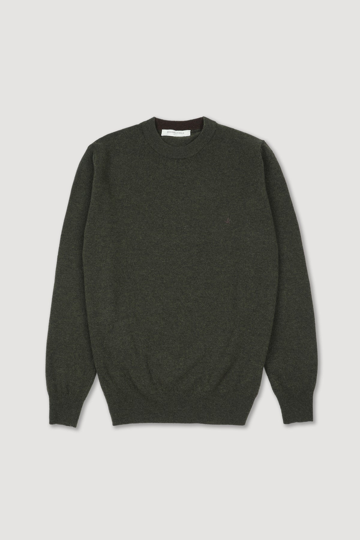 Maglia girocollo in pura lana vergine con toppe in contrasto. Verde - Oliva