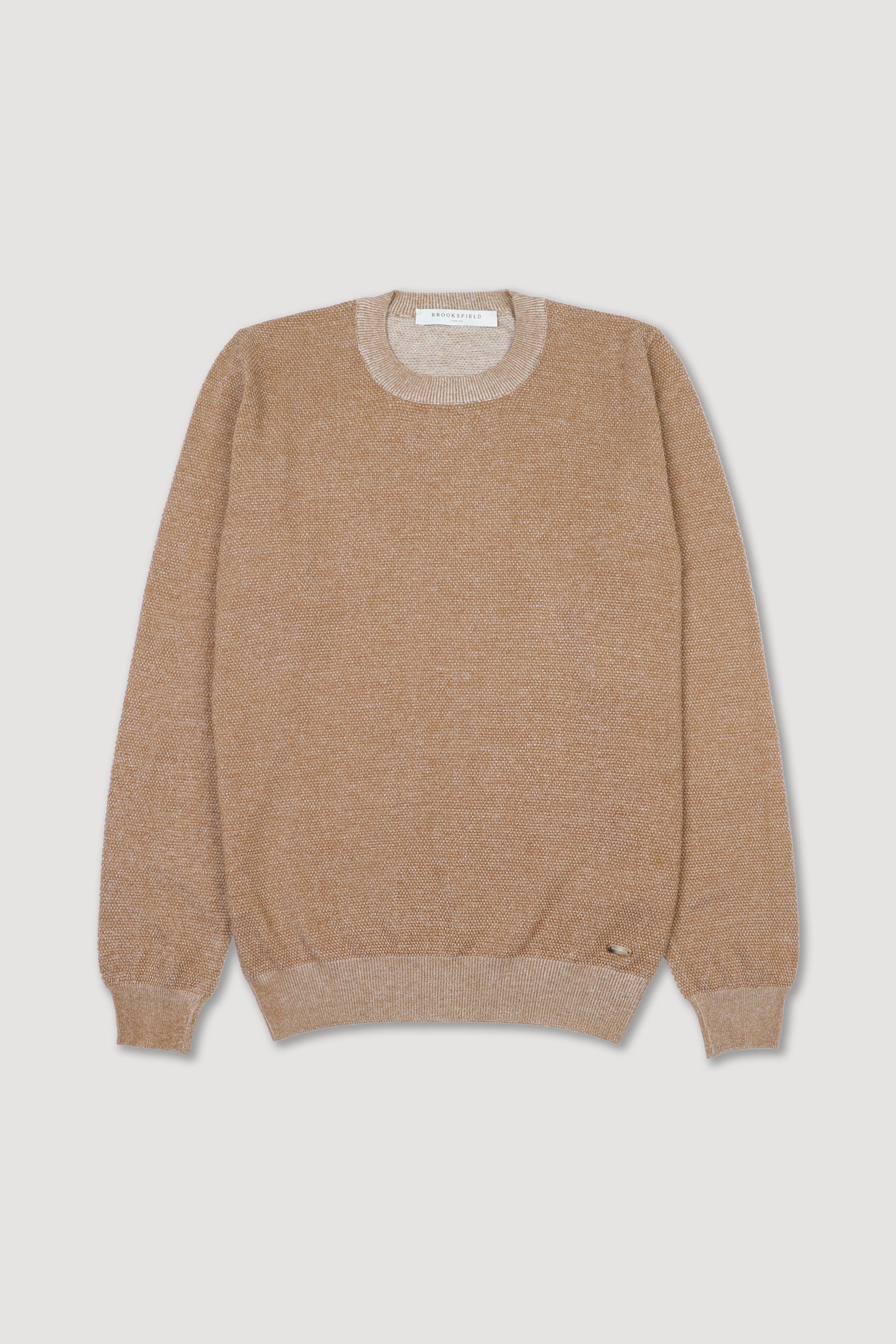 Maglia girocollo in cotone con lavorazione punto grana di riso vanisè. Marrone - Cognac/Panna