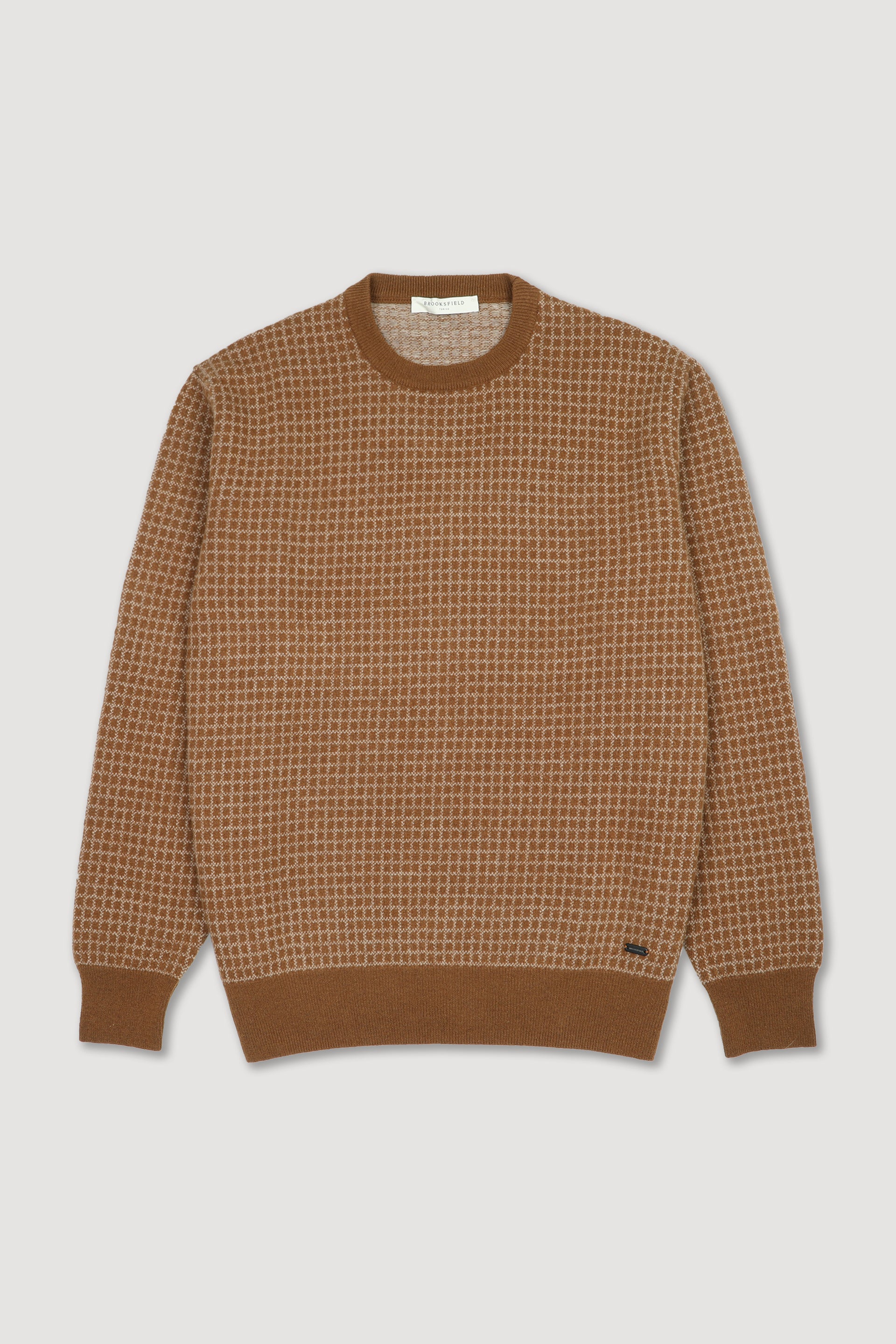 Maglia girocollo in pura lana vergine con jacquard fantasia quadro. Arancione - Brandy/Avena