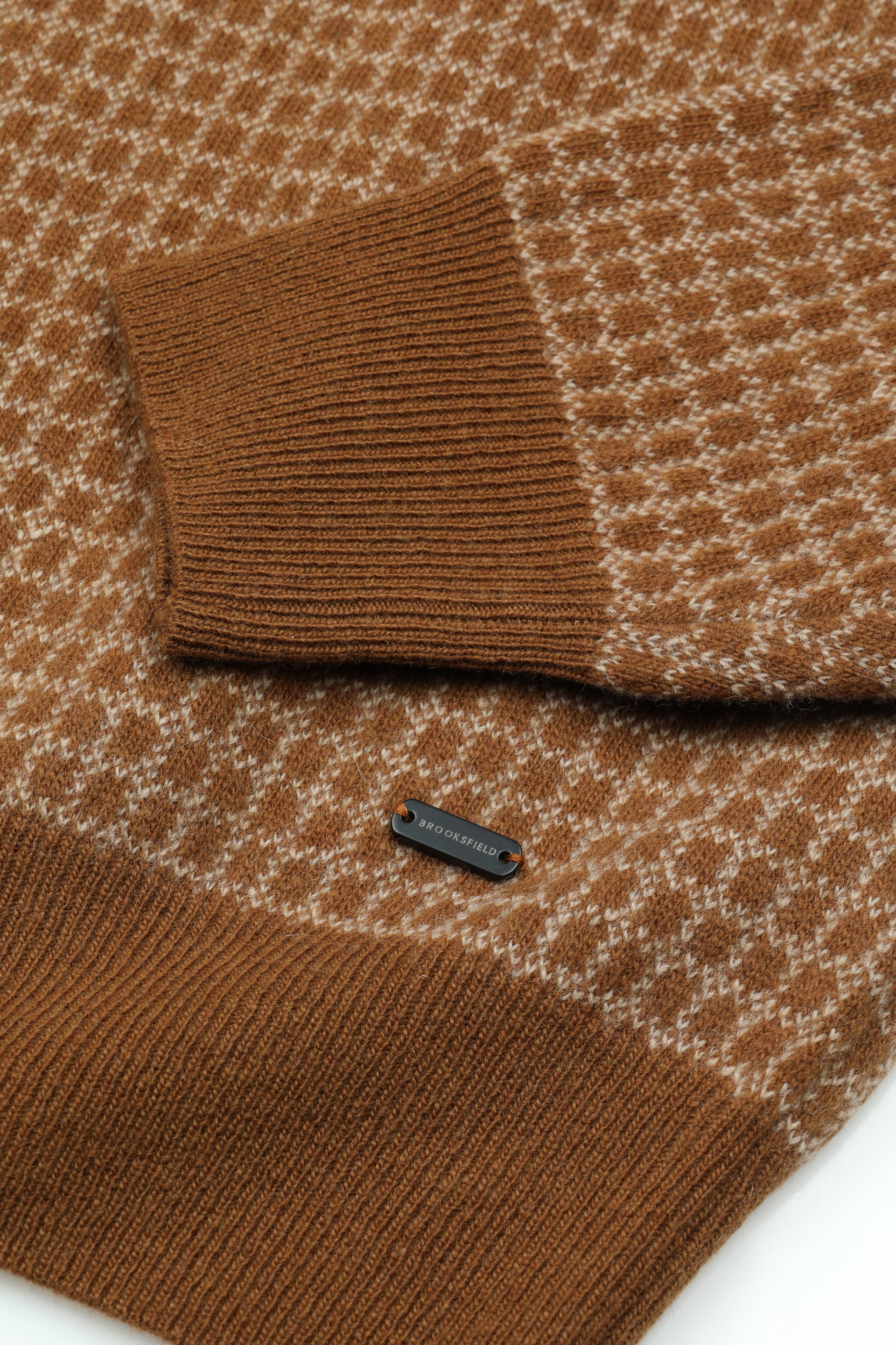 Maglia girocollo in pura lana vergine con jacquard fantasia quadro. Arancione - Brandy/Avena