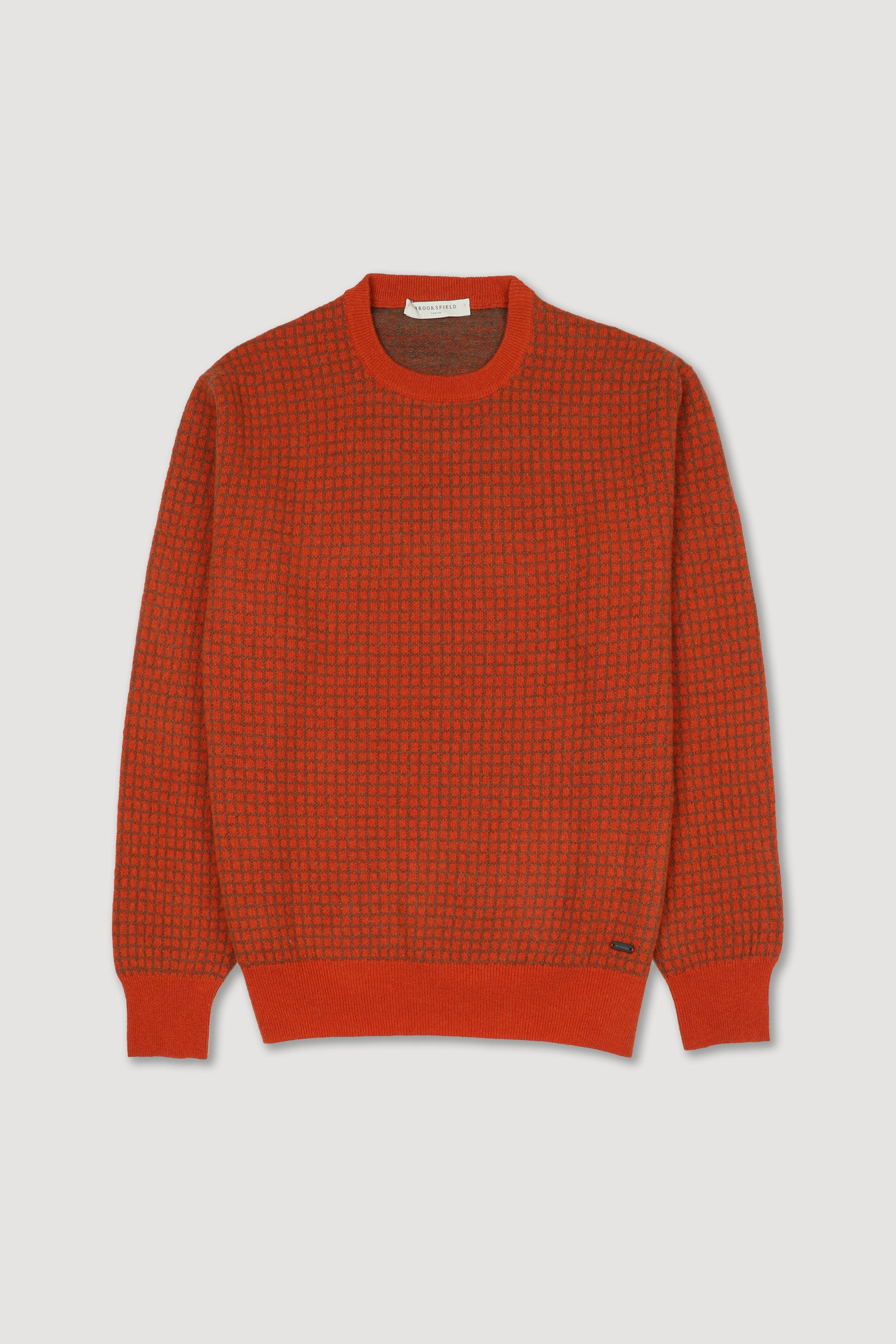 Maglia girocollo in pura lana vergine con jacquard fantasia quadro. Arancione - Arancione/Camoscio