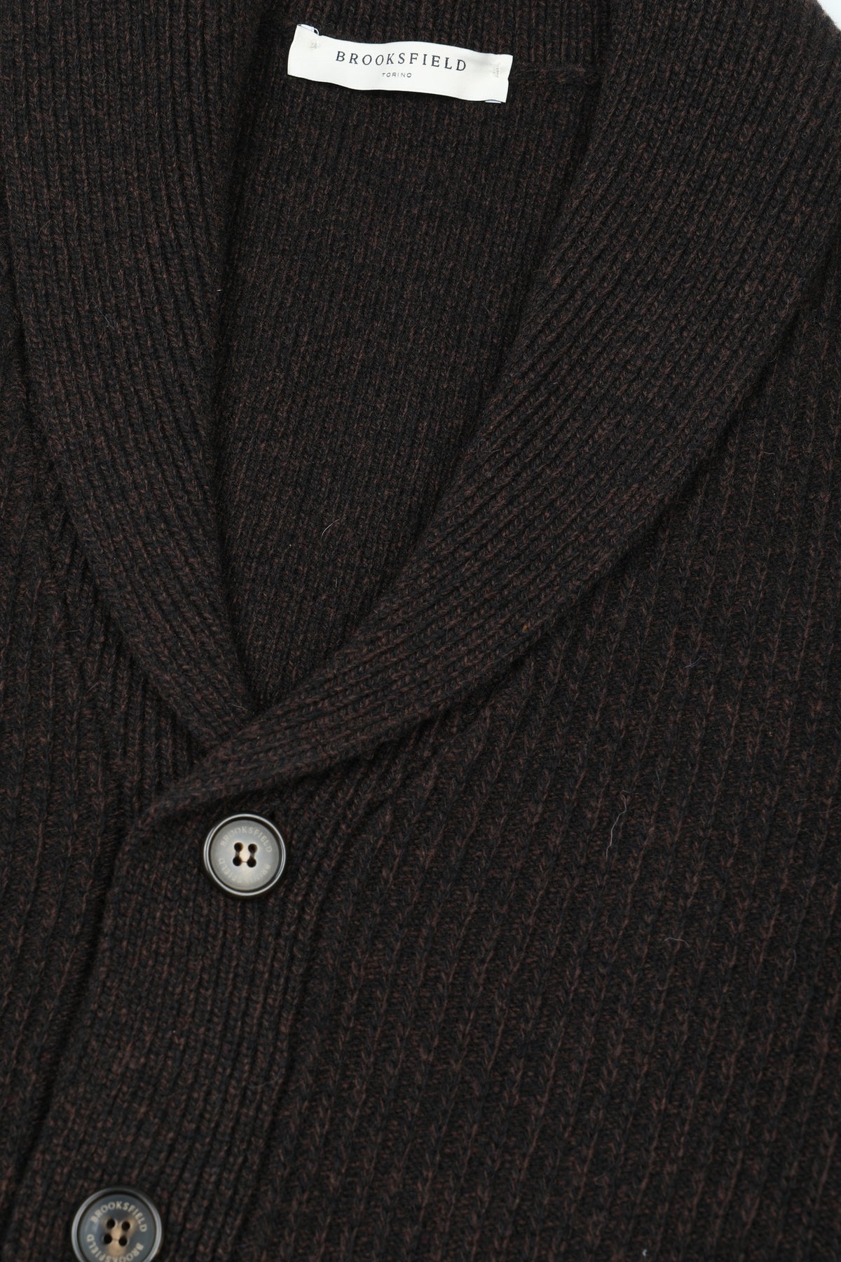 Cardigan collo scialle in pura lana vergine. Marrone - Moro