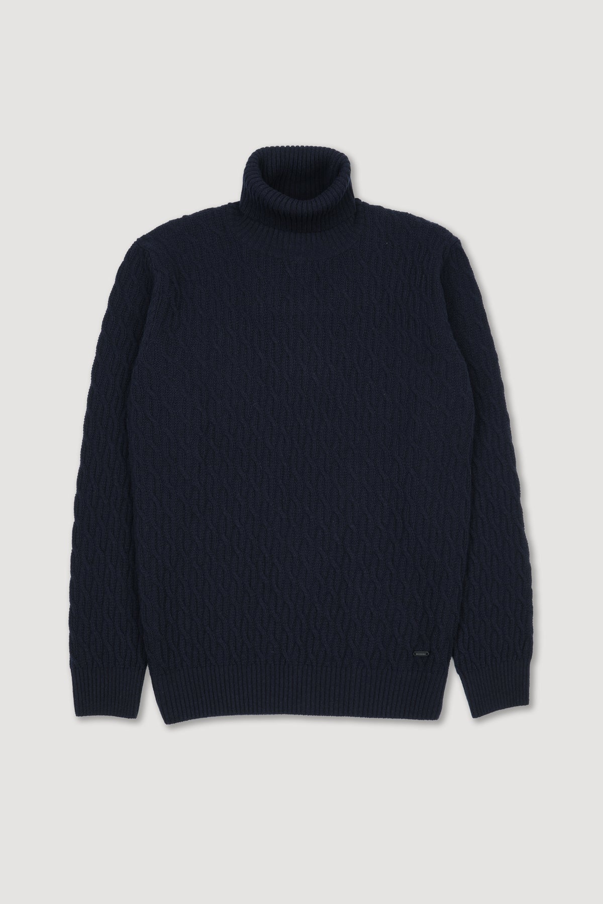 Maglia dolcevita in pura lana vergine lavorato a punto treccia e grana di riso - Blu scuro