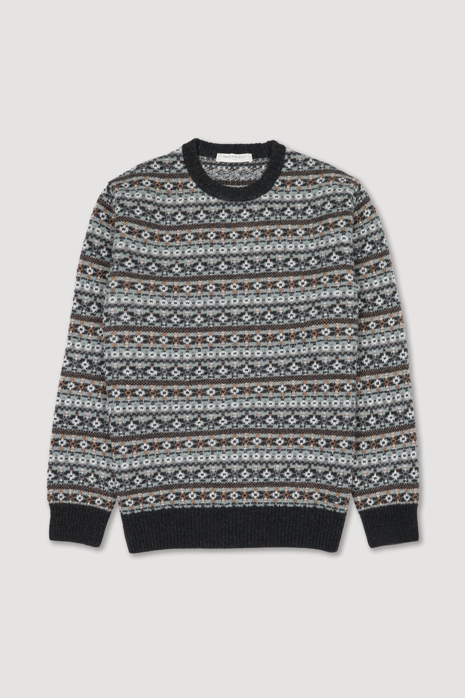 Maglia girocollo in misto lana, caratterizzata da un jacquard ispirato a motivi etnici - Lavagna