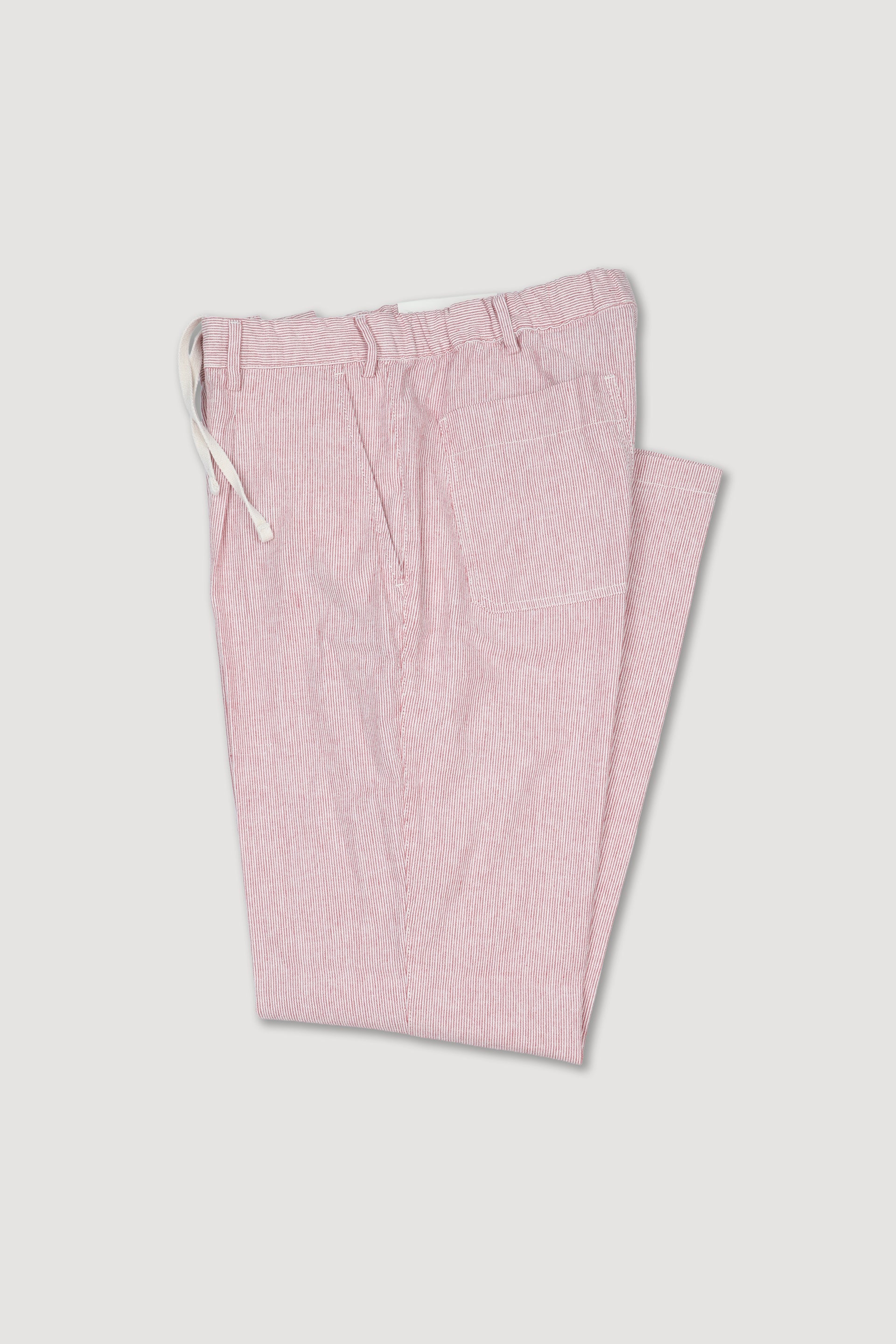 Pantalone jogger in cotone misto lino rigato con coulisse e cintura elastica in vita. Rosso - Latte/Rosso