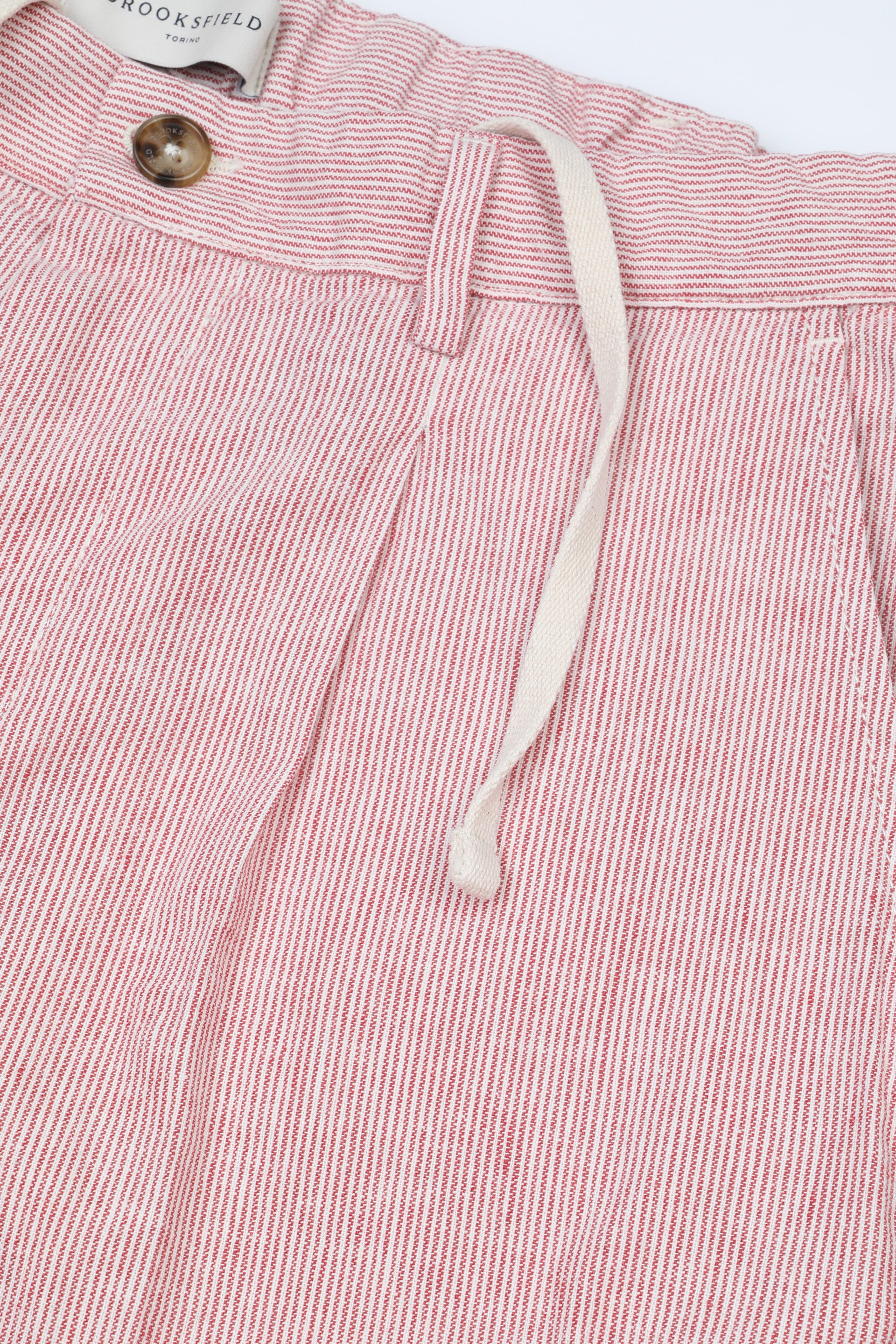 Pantalone jogger in cotone misto lino rigato con coulisse e cintura elastica in vita. Rosso - Latte/Rosso