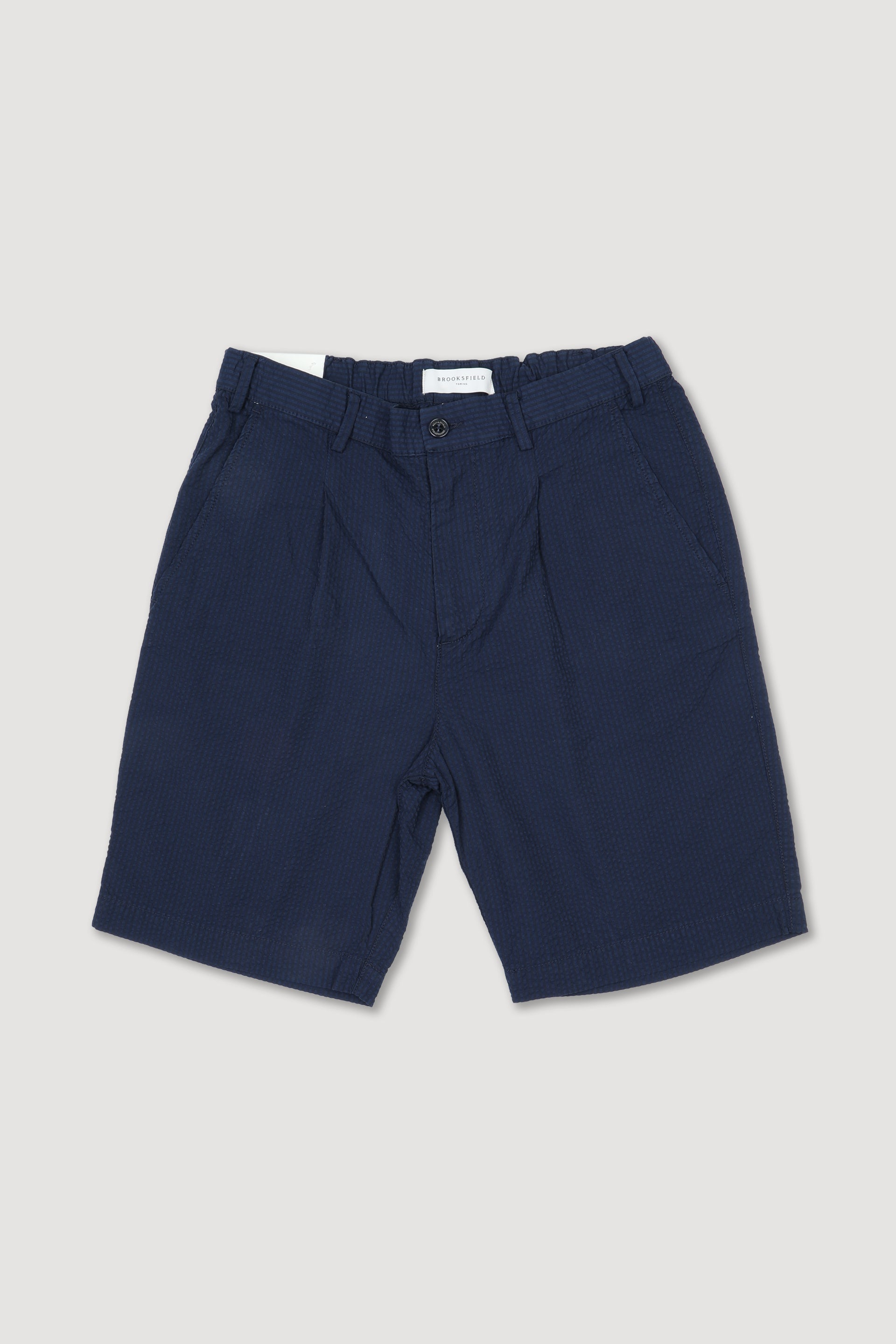 Bermuda jogger in cotone seersucker rigato con pinces, coulisse e cintura elastica in vita. Blu - Dark blue/Navy