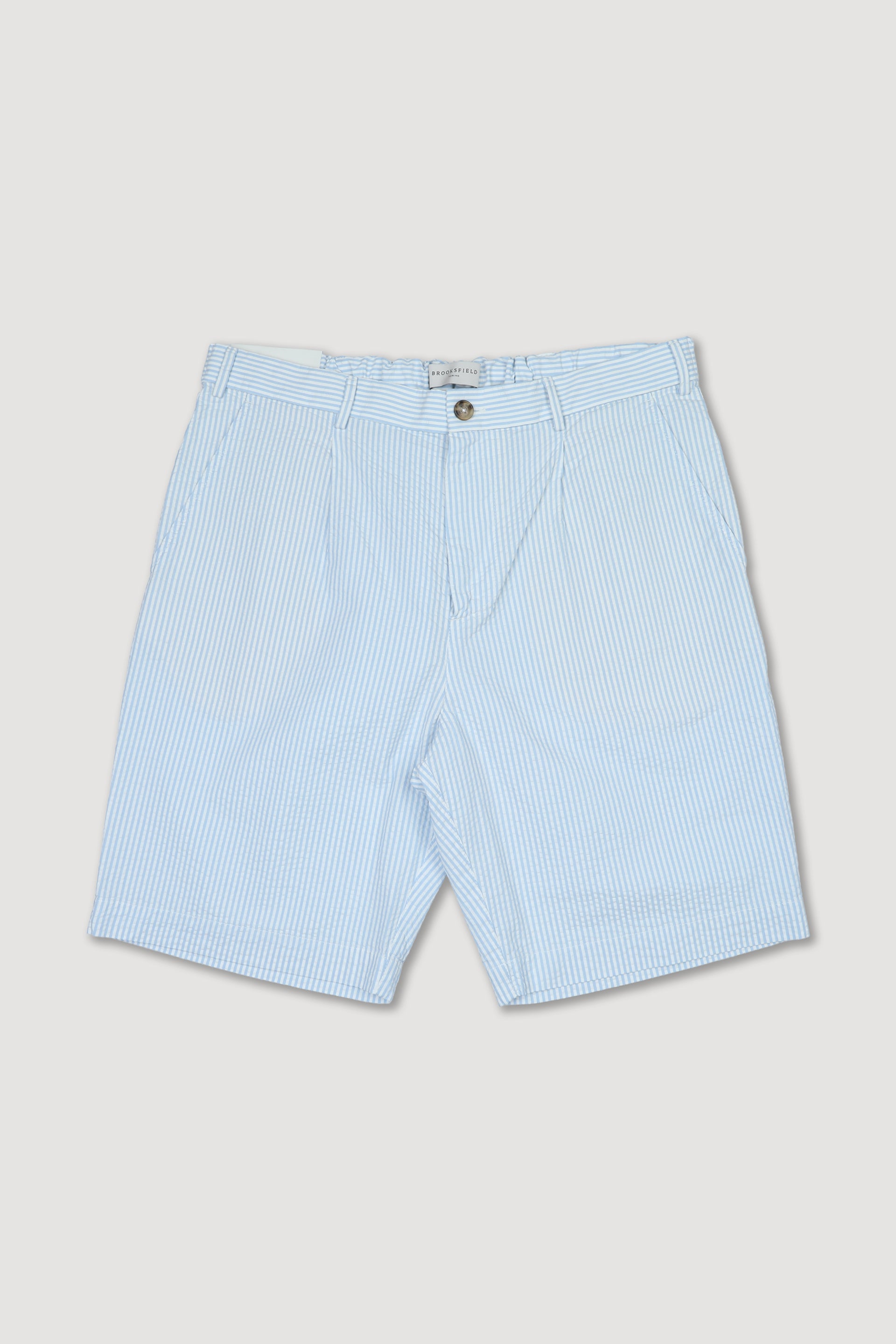 Bermuda jogger in cotone seersucker rigato con pinces, coulisse e cintura elastica in vita. Azzurro - Latte/Celeste