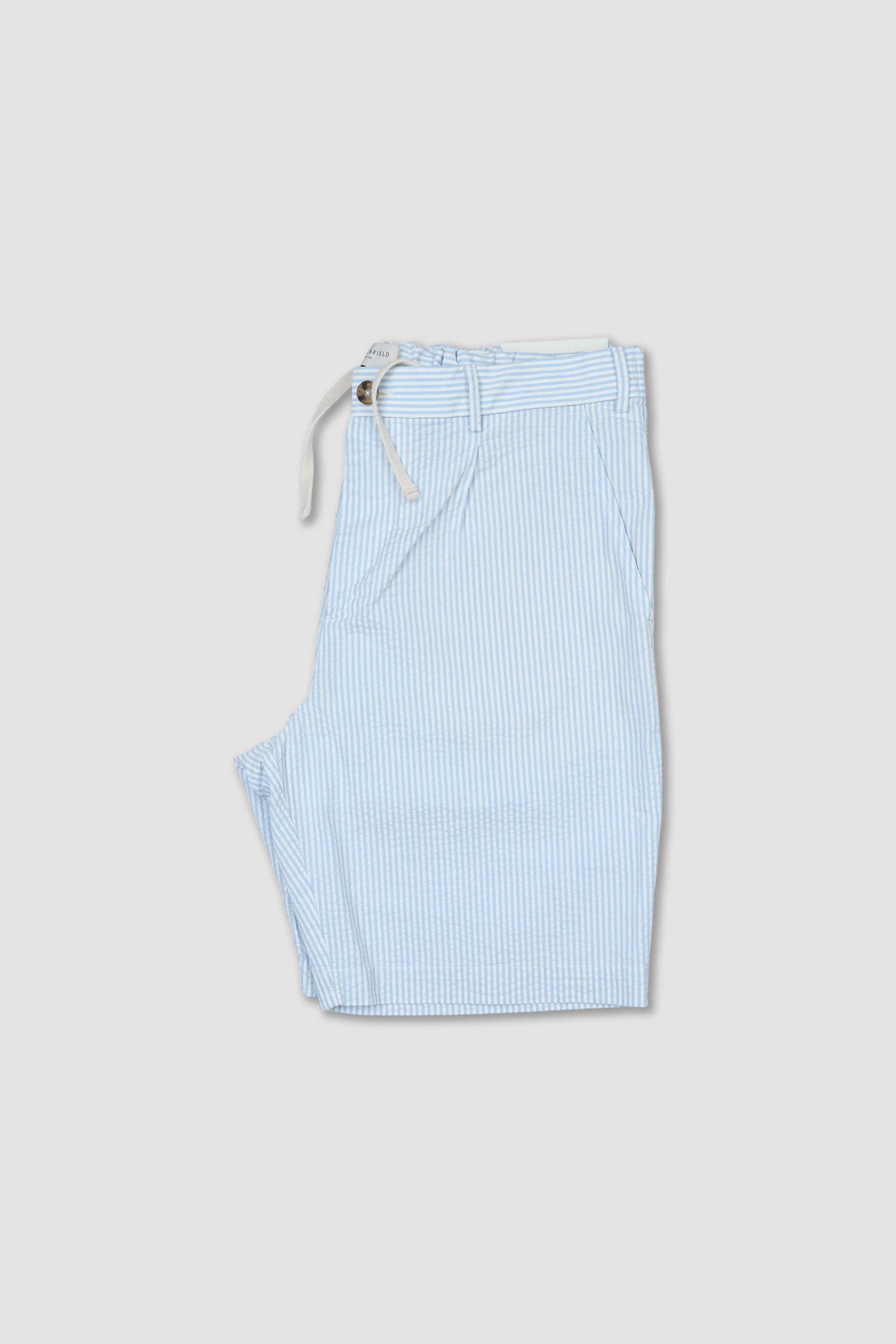 Bermuda jogger in cotone seersucker rigato con pinces, coulisse e cintura elastica in vita. Azzurro - Latte/Celeste