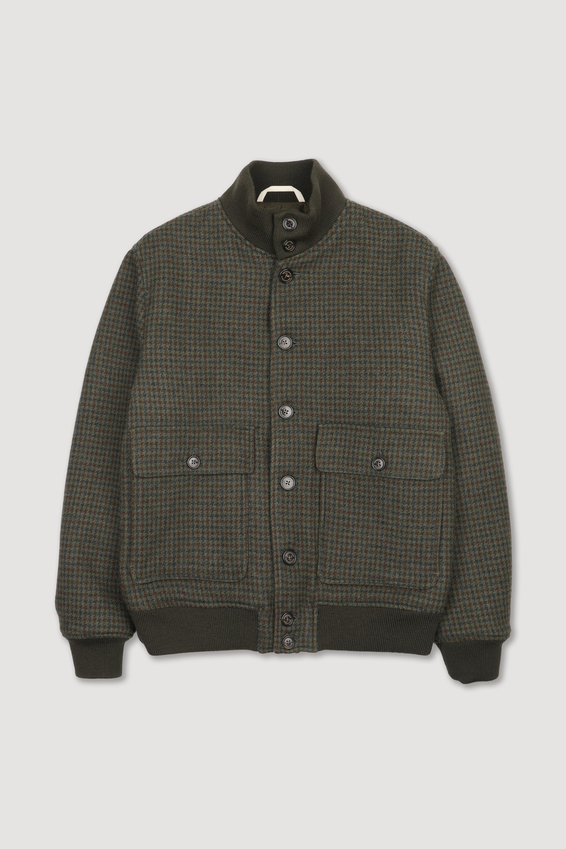 UOMO-GIUBBOTTO CON BOTTONI COLLO ALTO, TASCHE A TOPPA IN TESSUTO MISTO LANA FANT.PIED DE POULE, COLLO FONDO E POLSI SMACCHINATI,  IMBOTTITO - Militare/moka/fumo