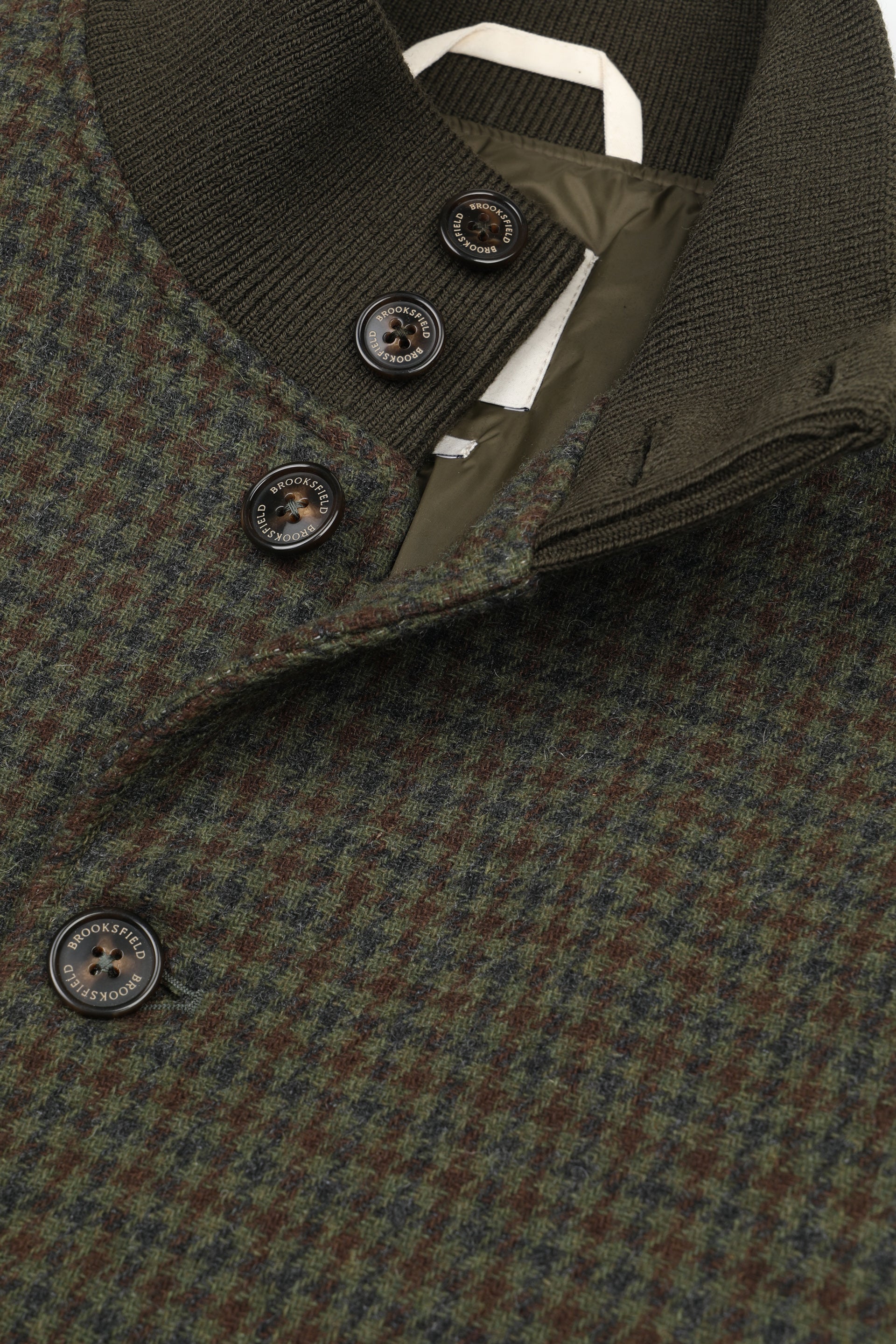 UOMO-GIUBBOTTO CON BOTTONI COLLO ALTO, TASCHE A TOPPA IN TESSUTO MISTO LANA FANT.PIED DE POULE, COLLO FONDO E POLSI SMACCHINATI,  IMBOTTITO - Militare/moka/fumo