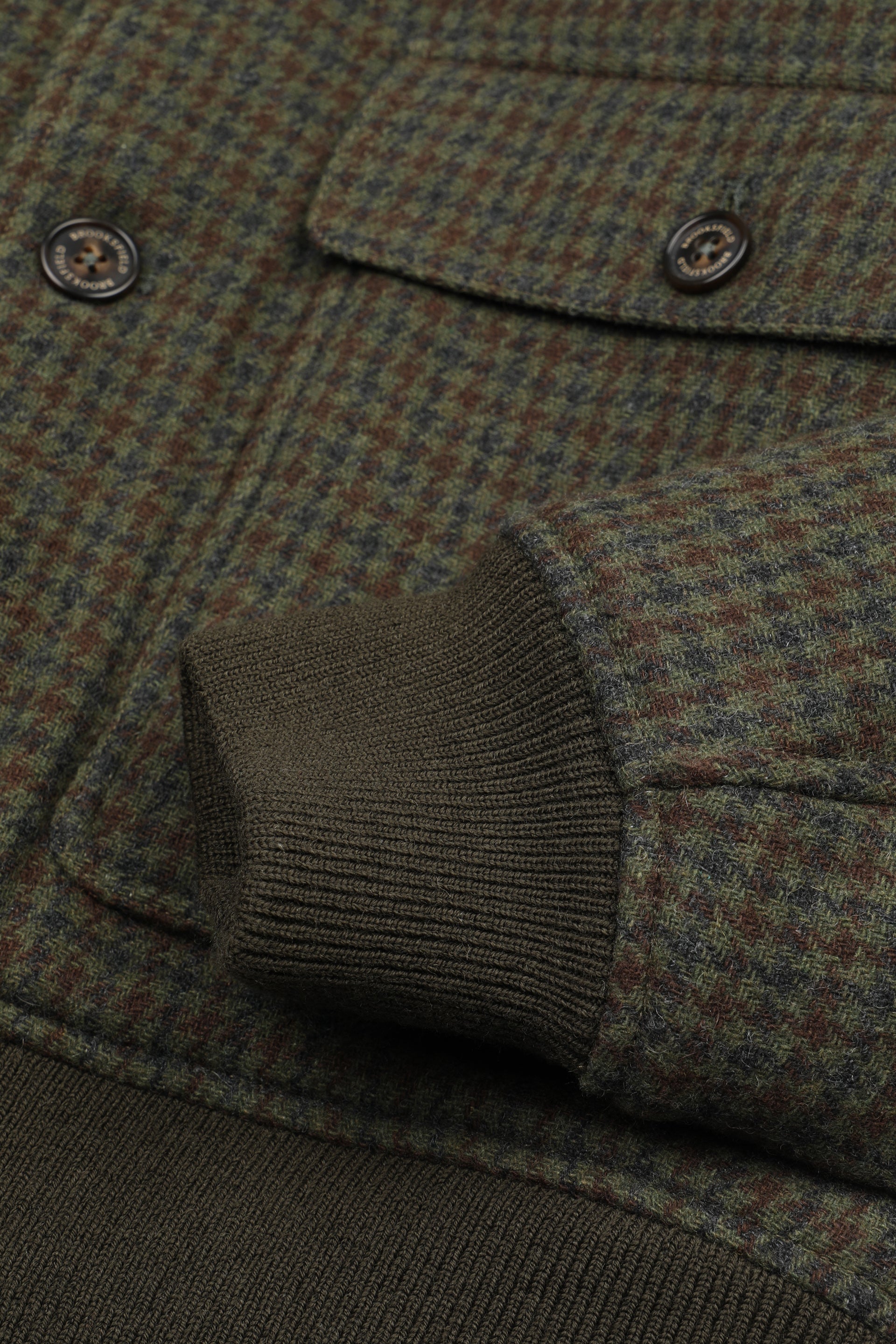 UOMO-GIUBBOTTO CON BOTTONI COLLO ALTO, TASCHE A TOPPA IN TESSUTO MISTO LANA FANT.PIED DE POULE, COLLO FONDO E POLSI SMACCHINATI,  IMBOTTITO - Militare/moka/fumo