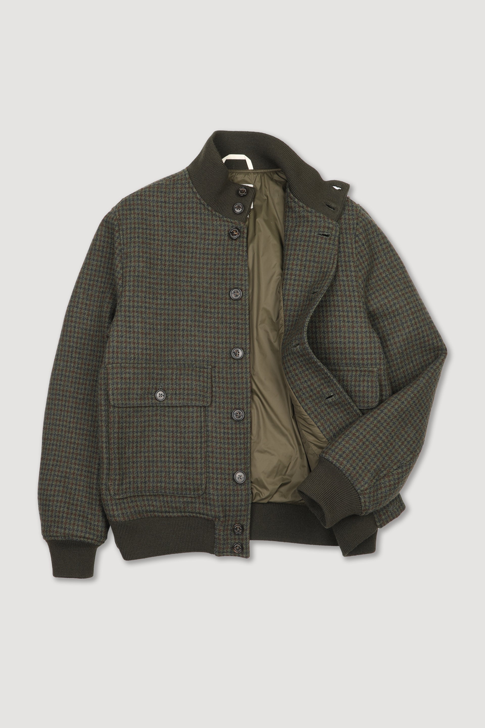 UOMO-GIUBBOTTO CON BOTTONI COLLO ALTO, TASCHE A TOPPA IN TESSUTO MISTO LANA FANT.PIED DE POULE, COLLO FONDO E POLSI SMACCHINATI,  IMBOTTITO - Militare/moka/fumo