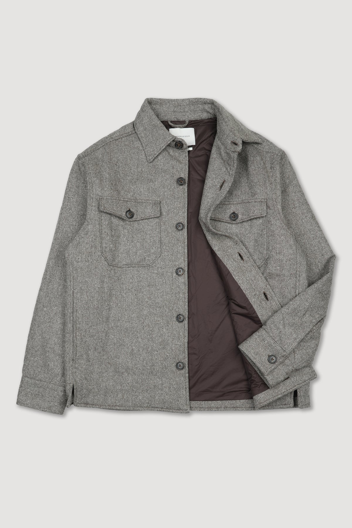 Overshirt in twill di lana misto seta, caratterizzata da una lavorazione broken twill, imbottita - Marrone