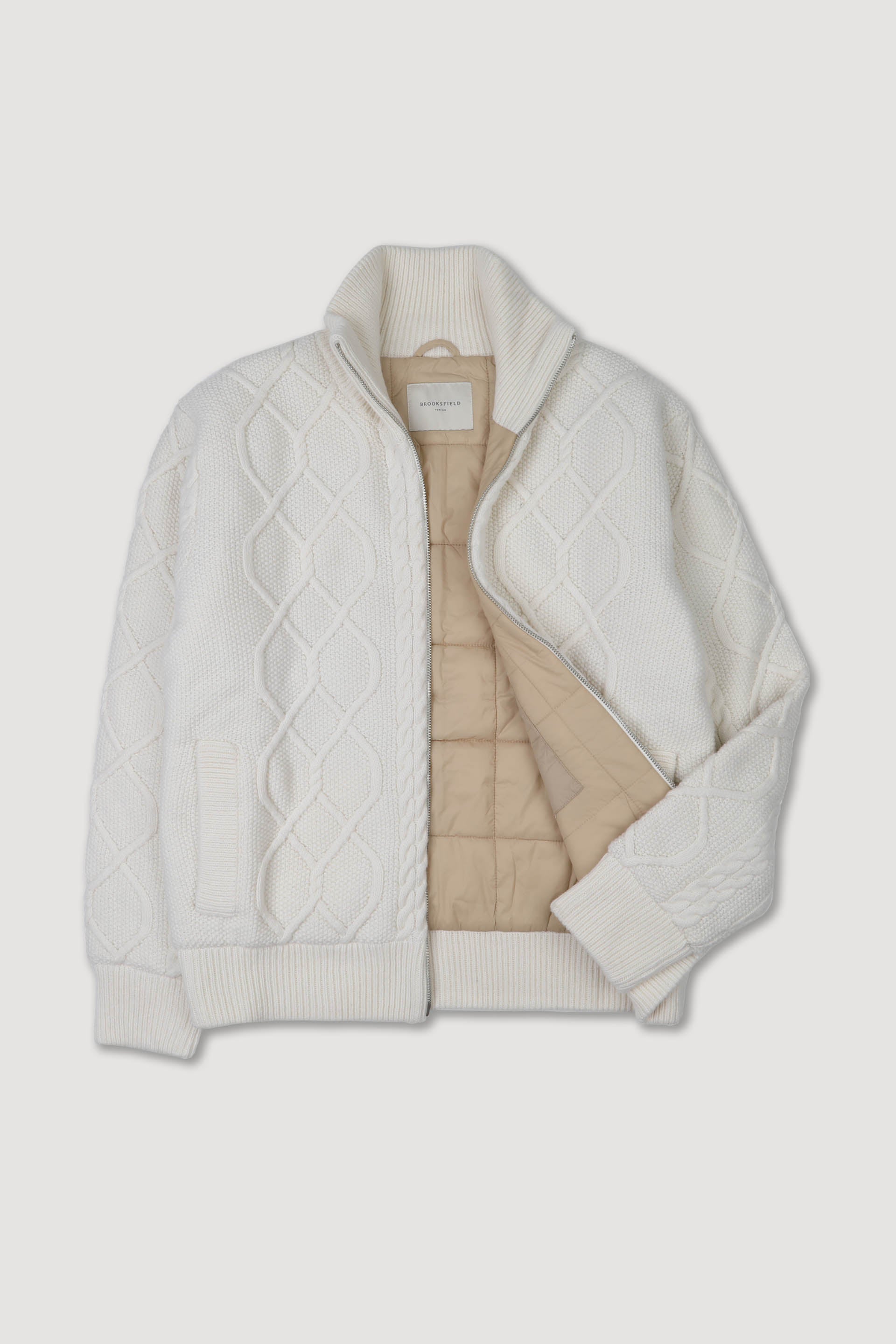 UOMO-GIUBBOTTO MOTIVO ARAN ALL OVER, FULL ZIP, FODERA CON IMBOTTITURA TRAPUNTATA, MISTO LAMBSWOOL (FIN.5) - Panna