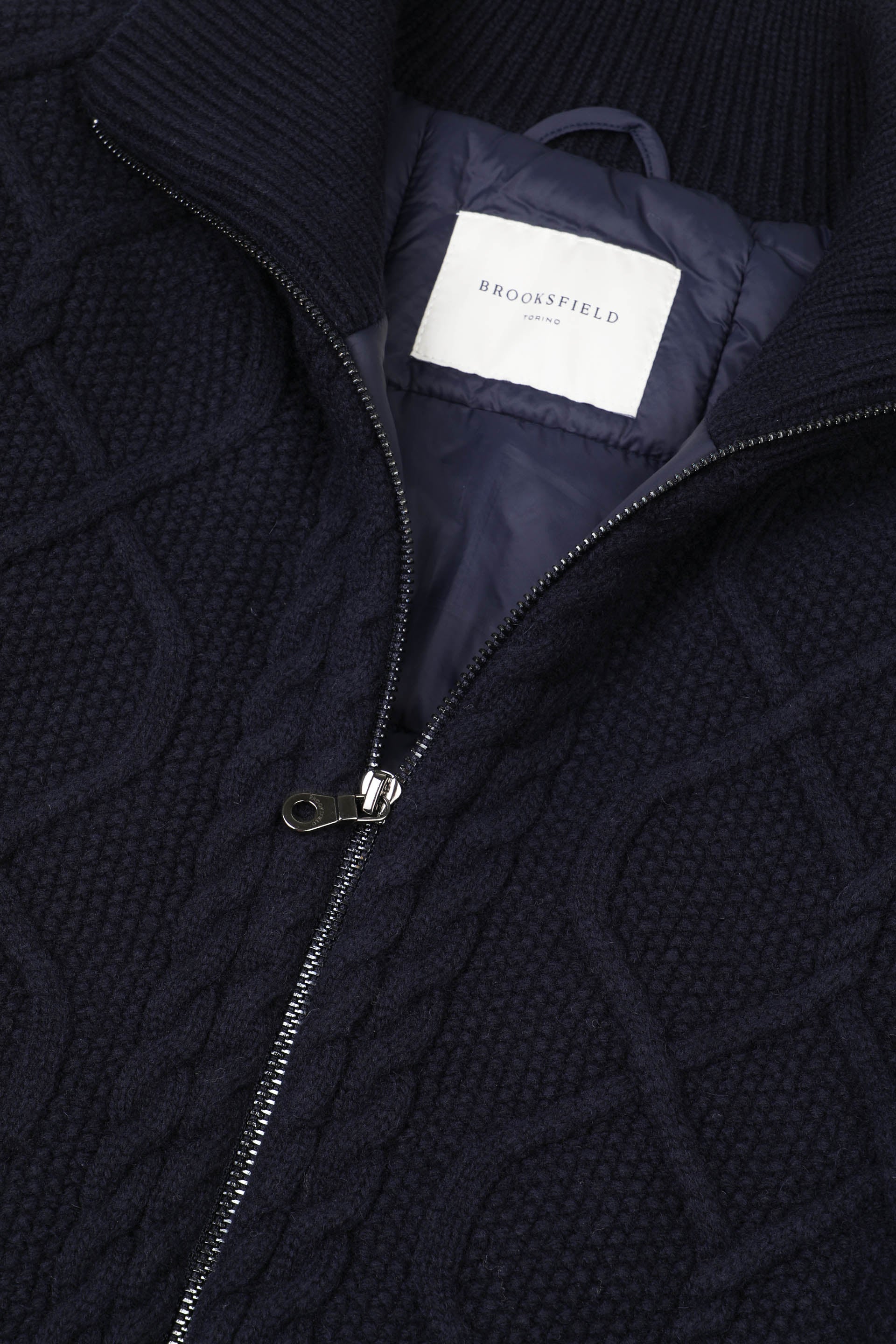 UOMO-GIUBBOTTO MOTIVO ARAN ALL OVER, FULL ZIP, FODERA CON IMBOTTITURA TRAPUNTATA, MISTO LAMBSWOOL (FIN.5) - Navy