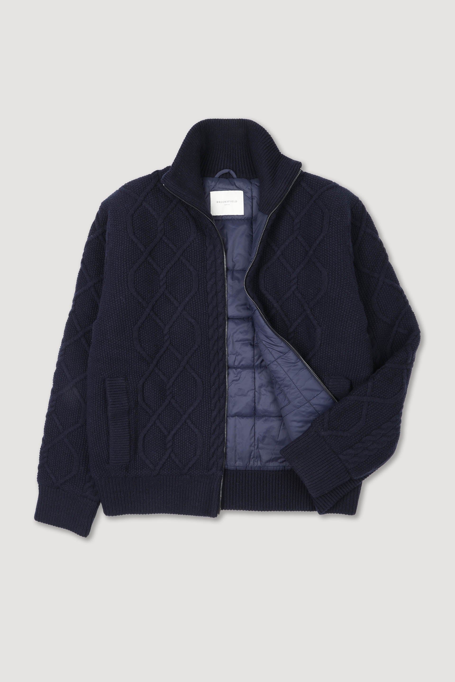 UOMO-GIUBBOTTO MOTIVO ARAN ALL OVER, FULL ZIP, FODERA CON IMBOTTITURA TRAPUNTATA, MISTO LAMBSWOOL (FIN.5) - Navy